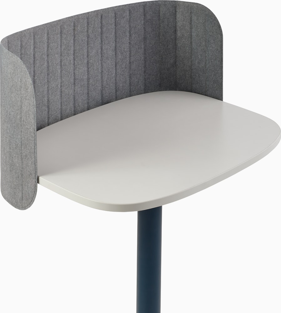Detail shot of the Passport Work Table hush screen in light grey, shown on a table with blue base and white surface.
