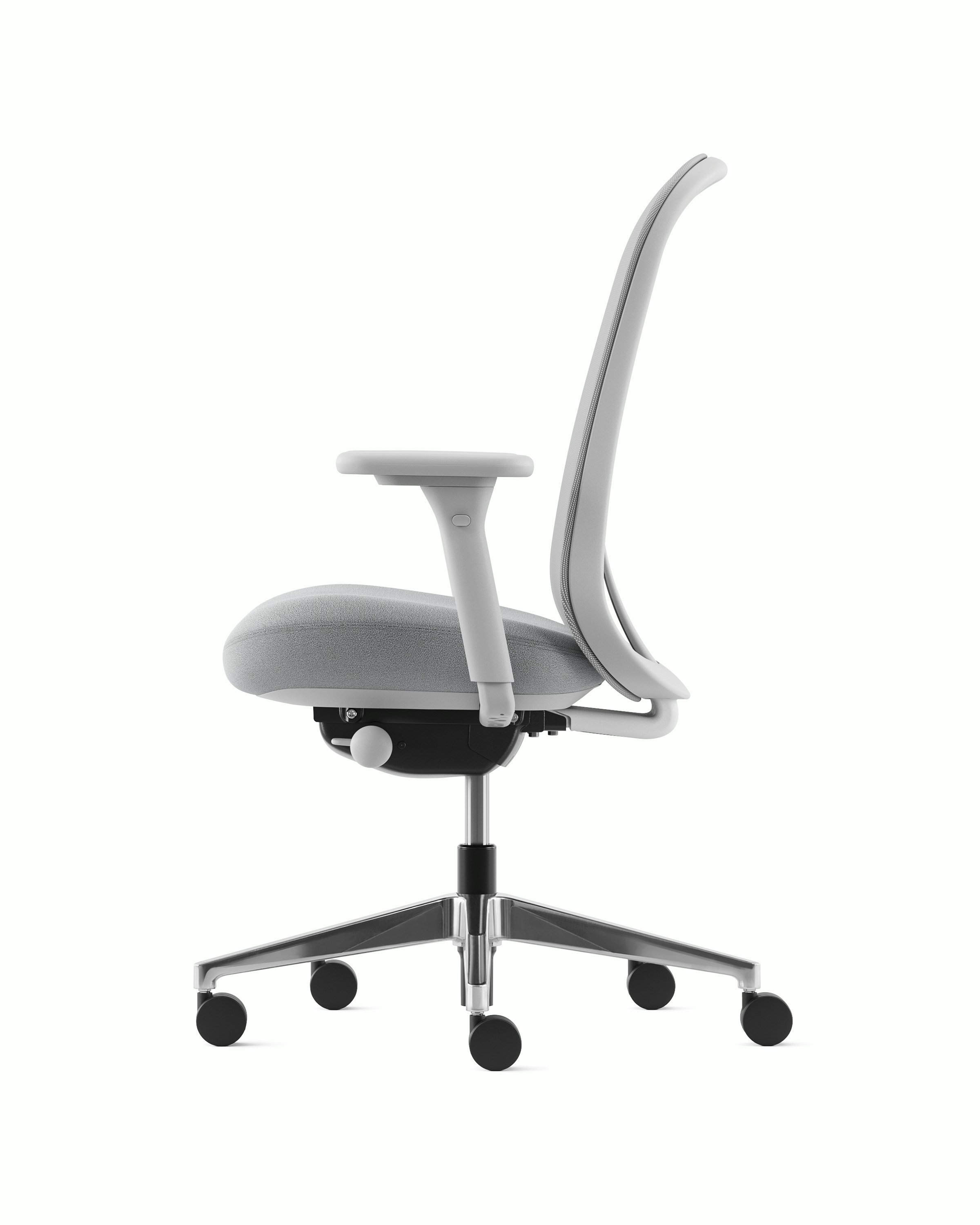 Grey Lino Chair with adjustable sacral lumbar support, viewed from the side.