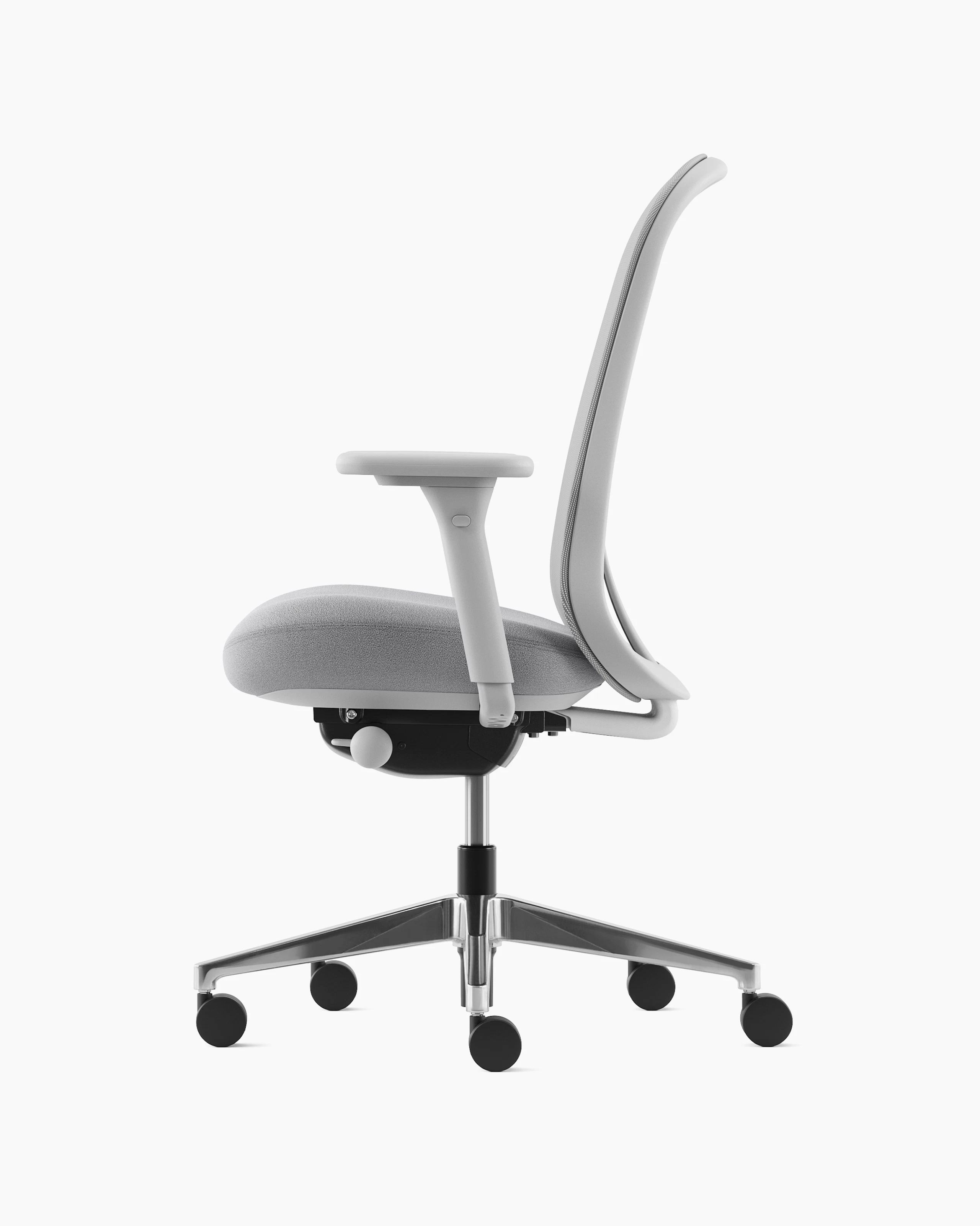 Grey Lino Chair with adjustable sacral lumbar support, viewed from the side.