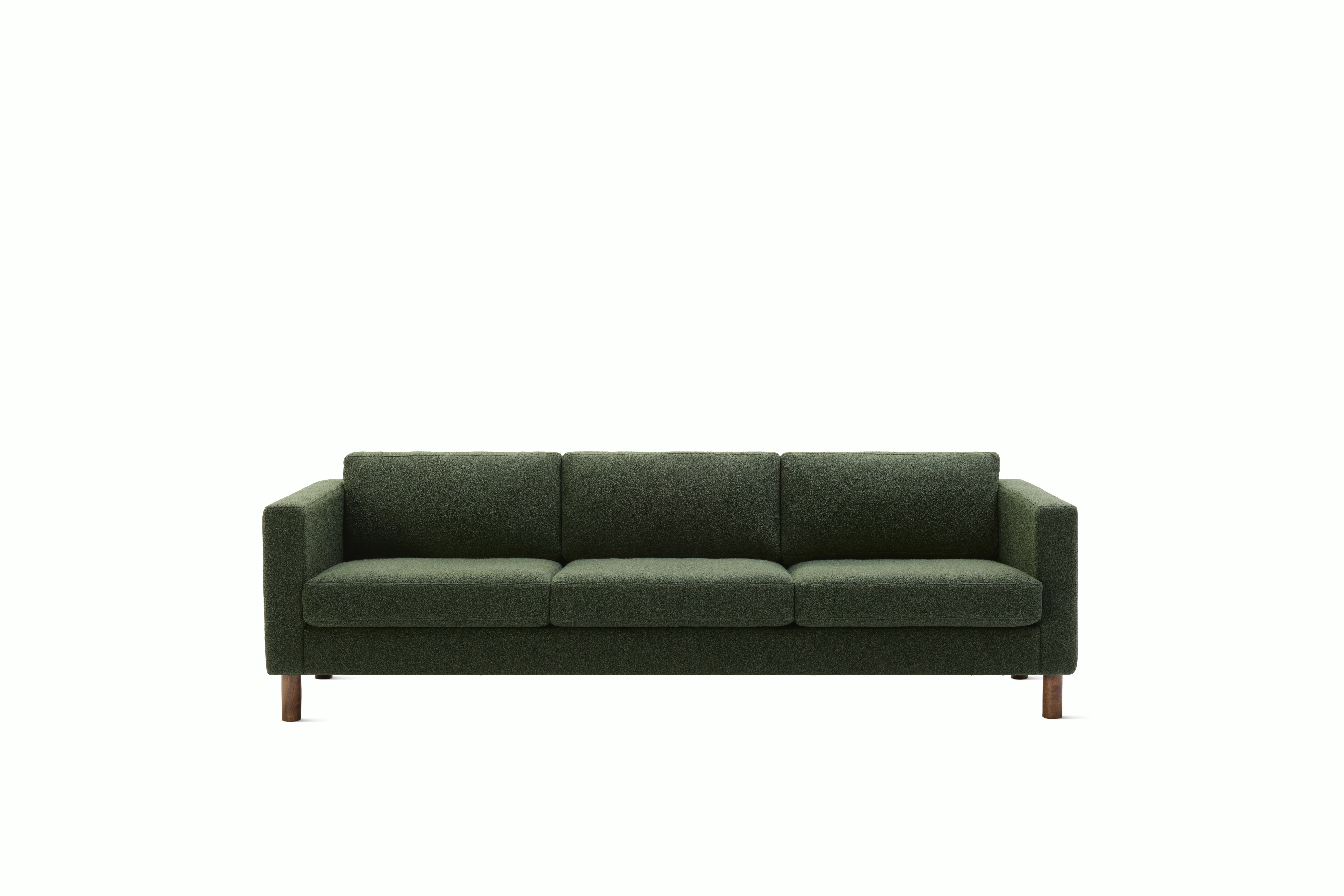 Front view of three seater Lispenard Sofa, 17" in dark green textile and 6" walnut legs.