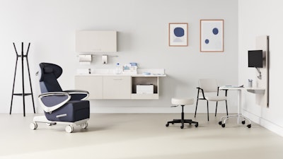 Exam room with a dark blue Ava recliner and an Intent Solution mobile, height-adjustable table and wall unit to the side with a physician stool and Verus side chair with Mora casework in a light wood laminate on the wall in the background.