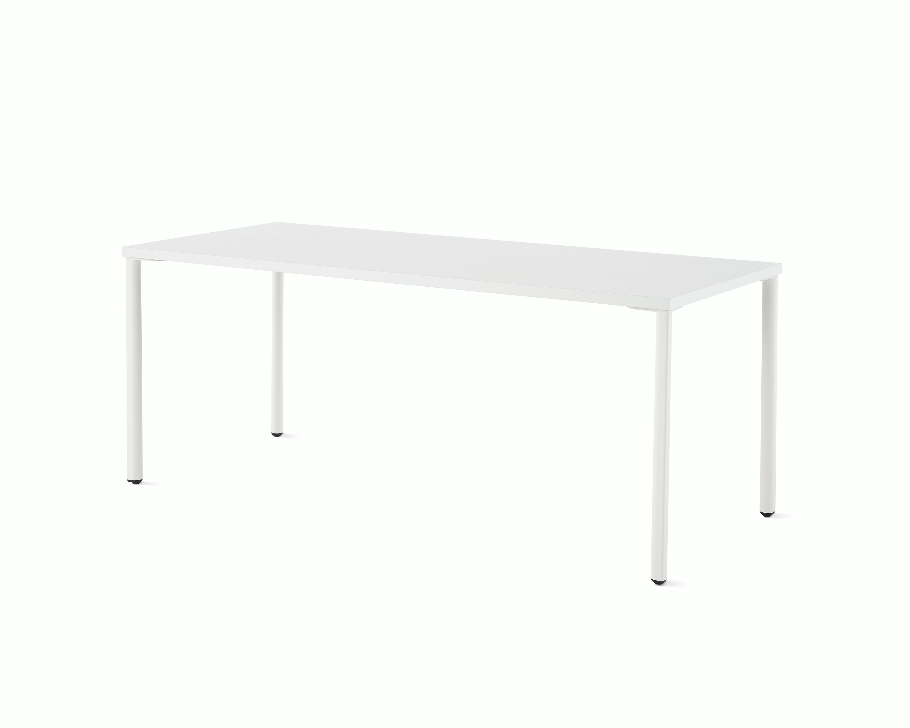 OE1 Rectangular Table with white surface and white legs viewed from an angle. 