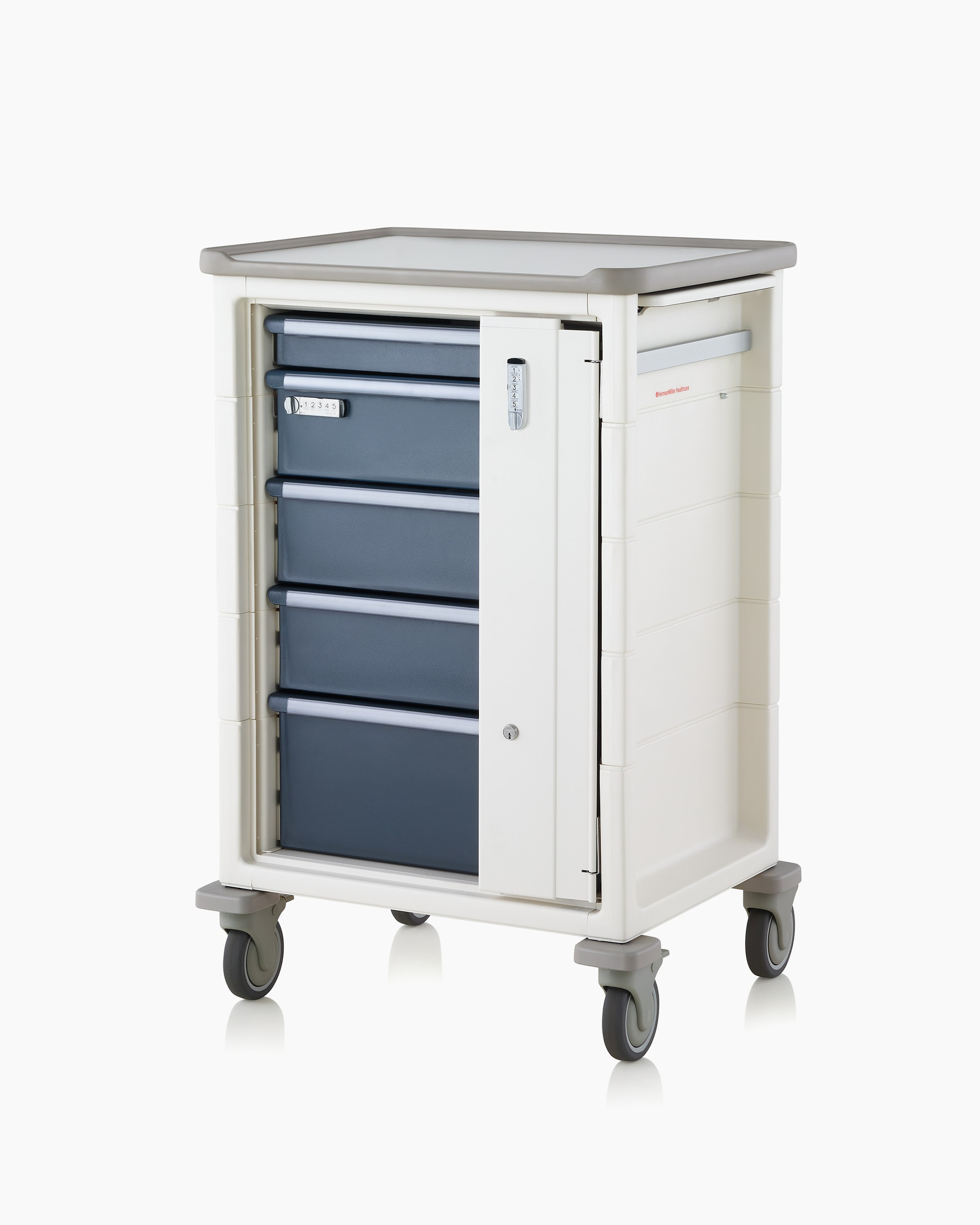 A single healthcare cart with keyless lock on both the cart and a single drawer.