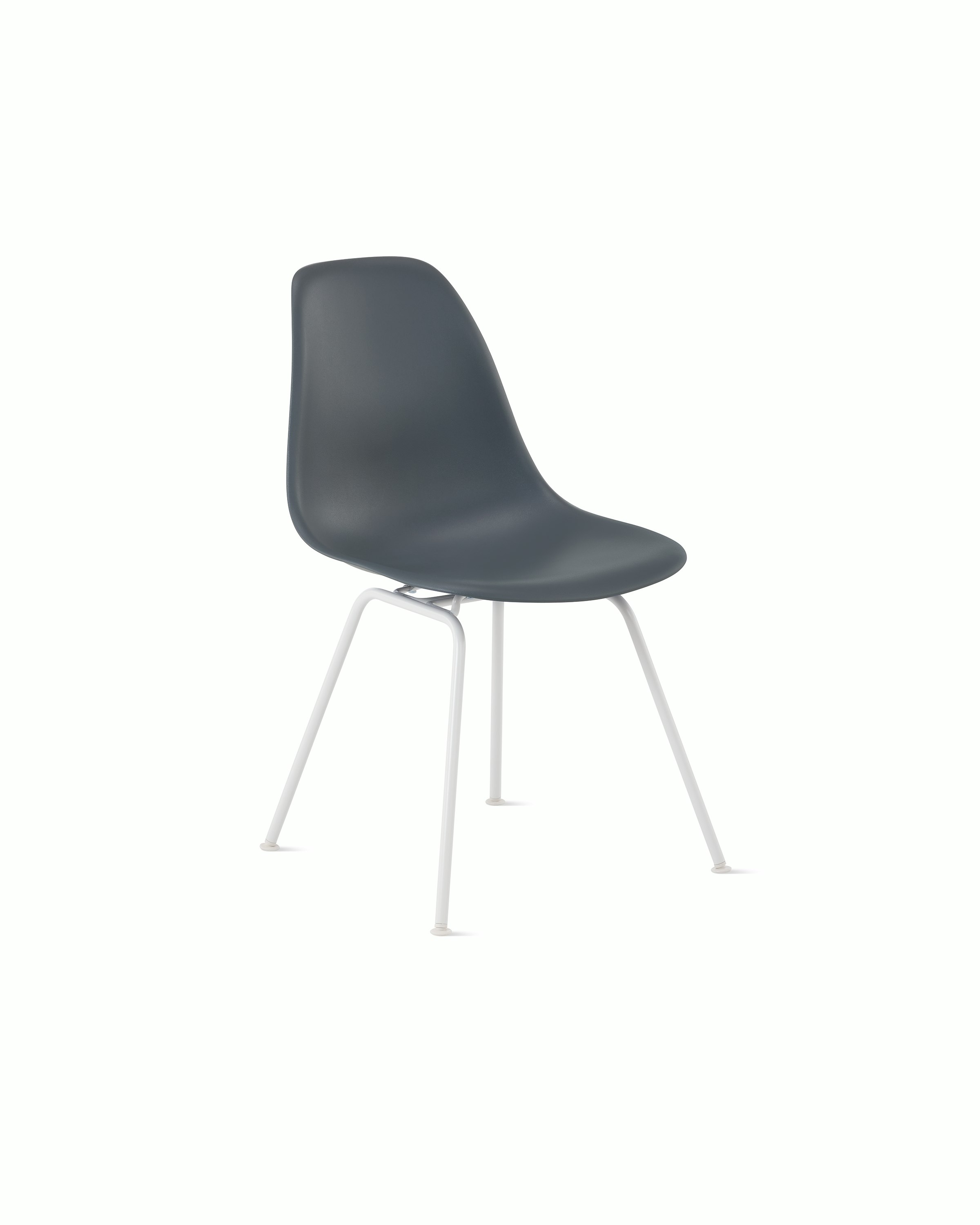 Front angle of medium grey plastic shell chair on 4-leg base.