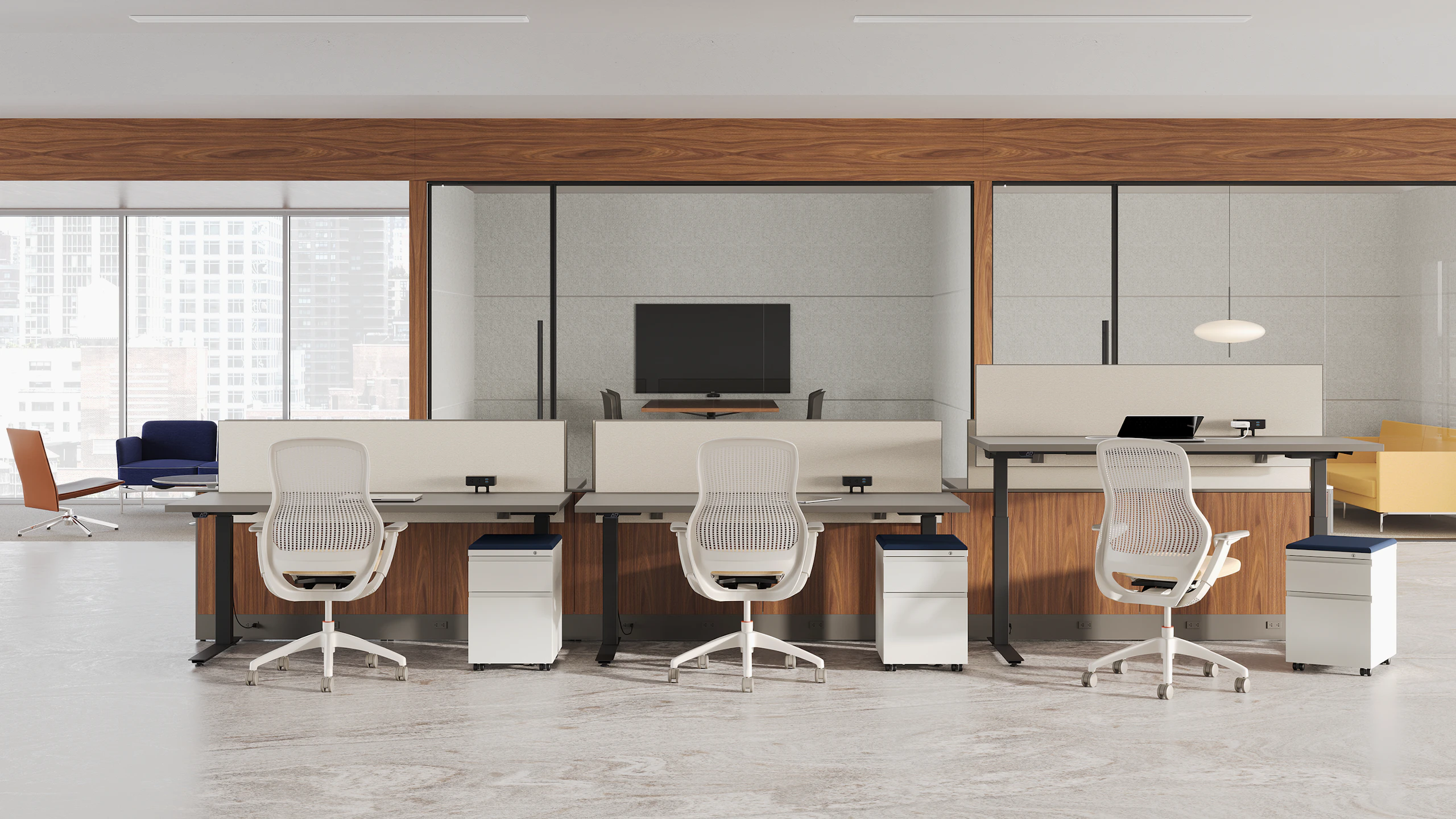 Open office setting with black k. stand height-adjustable tables, white ReGeneration chairs and white Series 2 mobile pedestals.