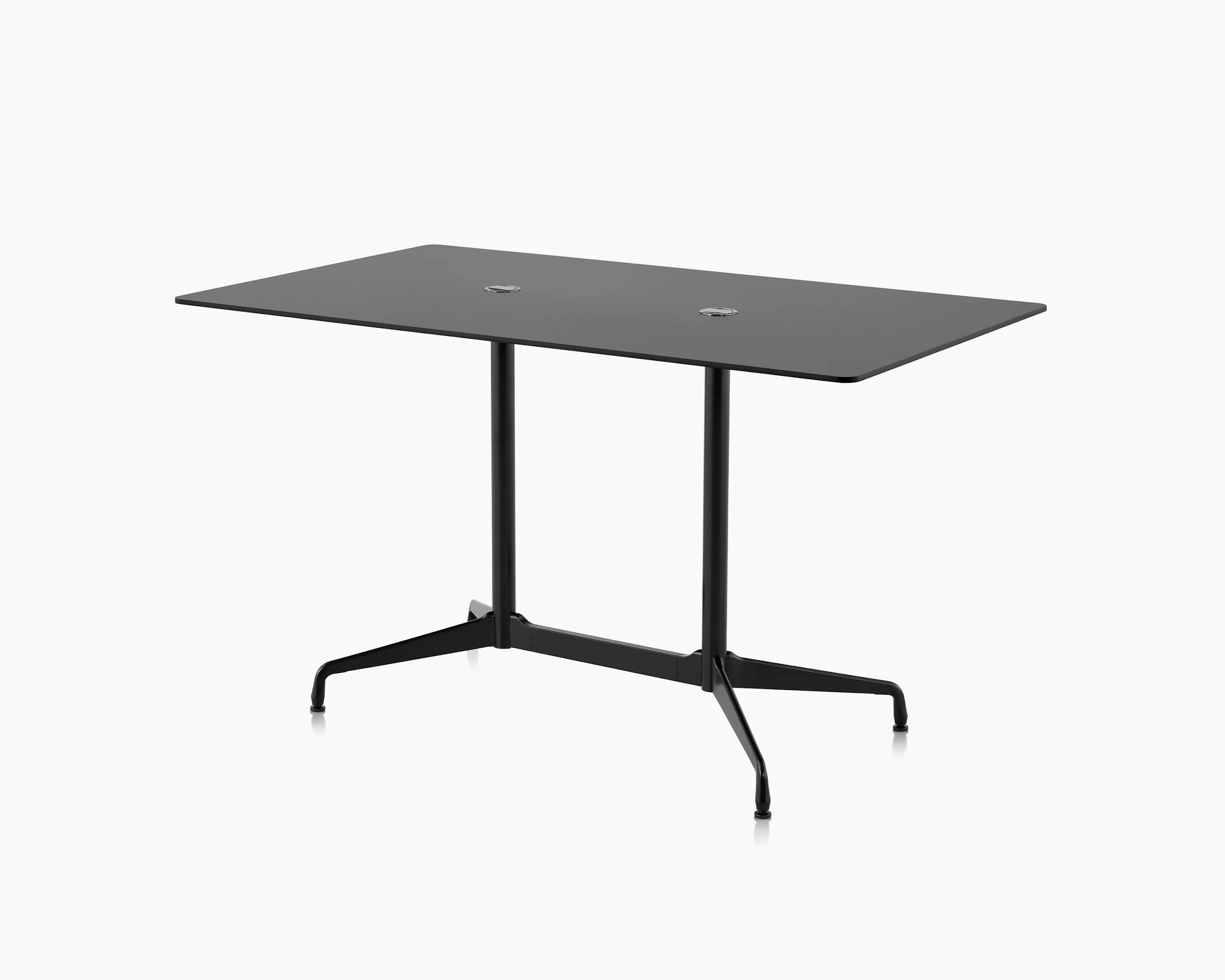 A rectangle Eames Standing Height Table in black with two round cutouts on top and a segmented black base.