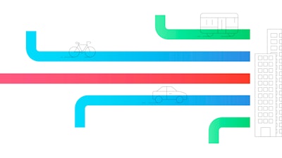 An illustration of a train, bicycle, and car on multicolored lines approaching an office building