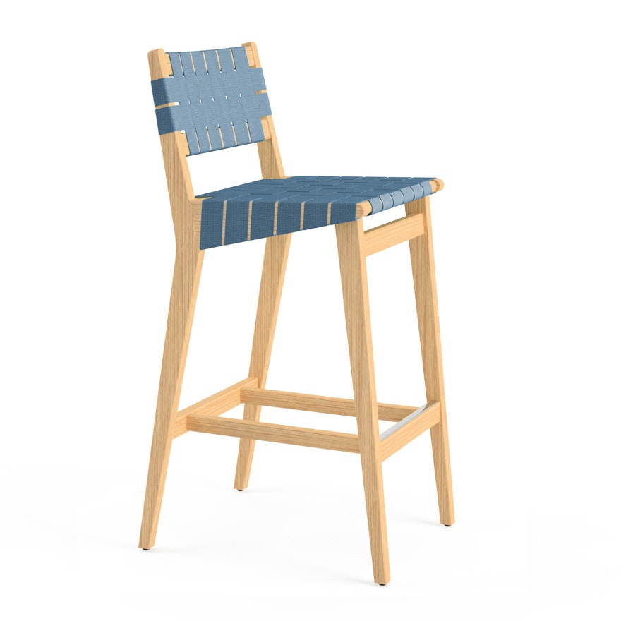 Risom Stool - Bar Height, Maple, Polished Aluminum, Steel Blue Cotton