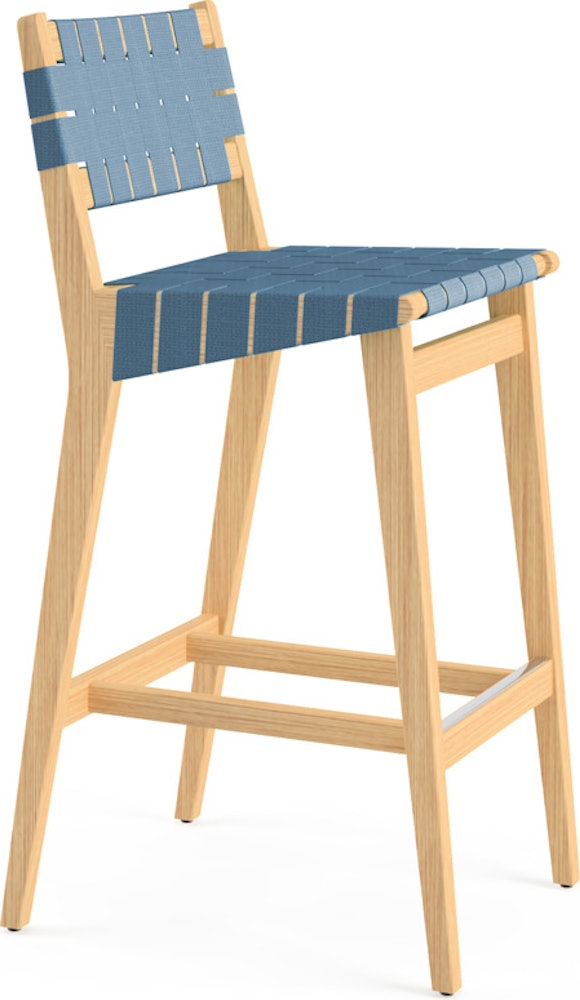 Risom Stool - Bar Height, Maple, Polished Aluminum, Steel Blue Cotton