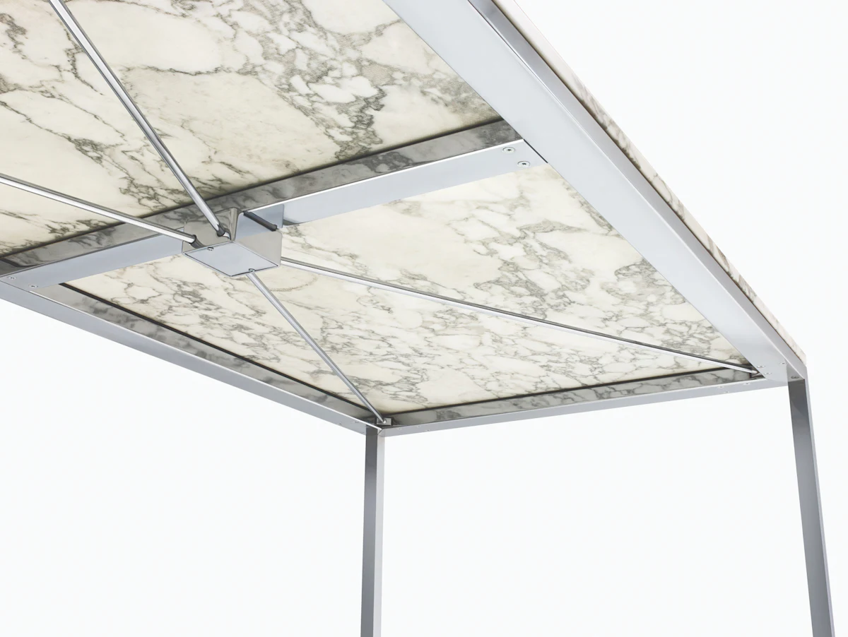 Minimalist marble tabletop with metal frame table, isolated on white background