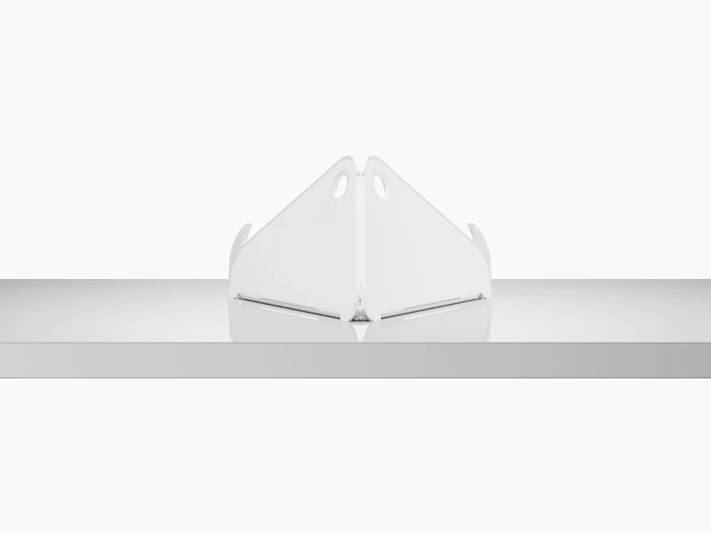 A back view of an open Oripura Laptop Stand on top of a worksurface.