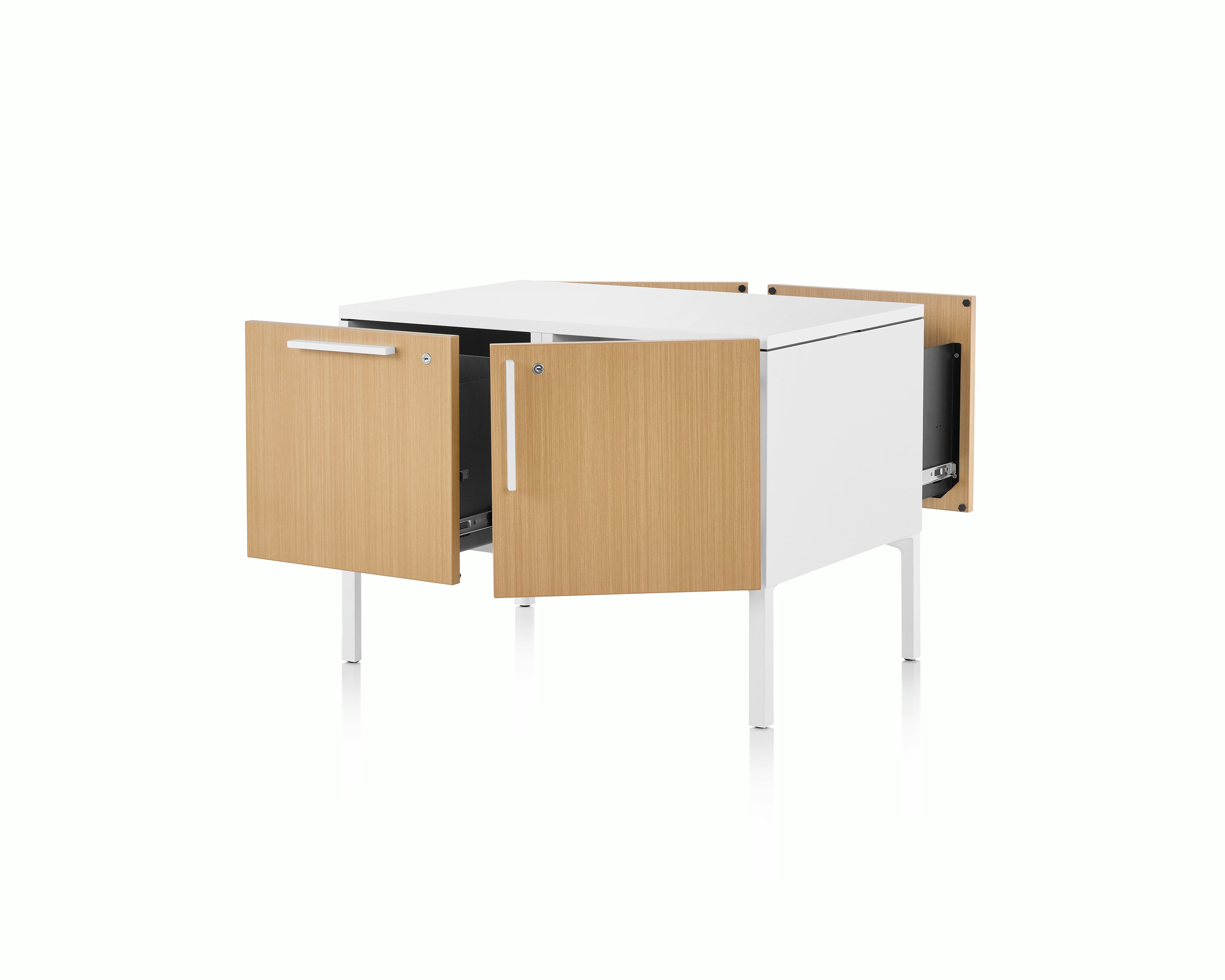 Brown and white Tu Wood shared credenza with open file drawers and medicine cabinets, viewed at an angle.