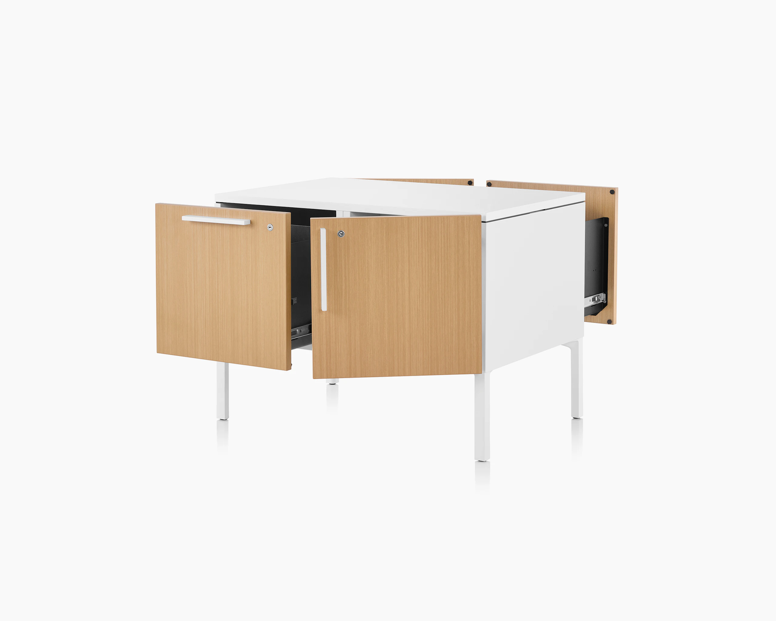 Brown and white Tu Wood shared credenza with open file drawers and medicine cabinets, viewed at an angle.