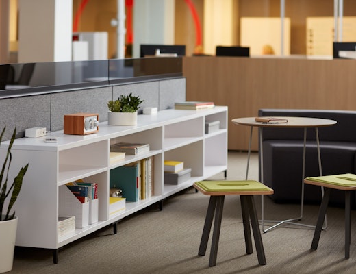 Ancillary Lounge Space with Group Storage Anchor Raised Storage Anchor Electrical Open Storage Dividends Horizon Panels Add Up Grey Glass Rockwell Unscripted Café Table easy stool low