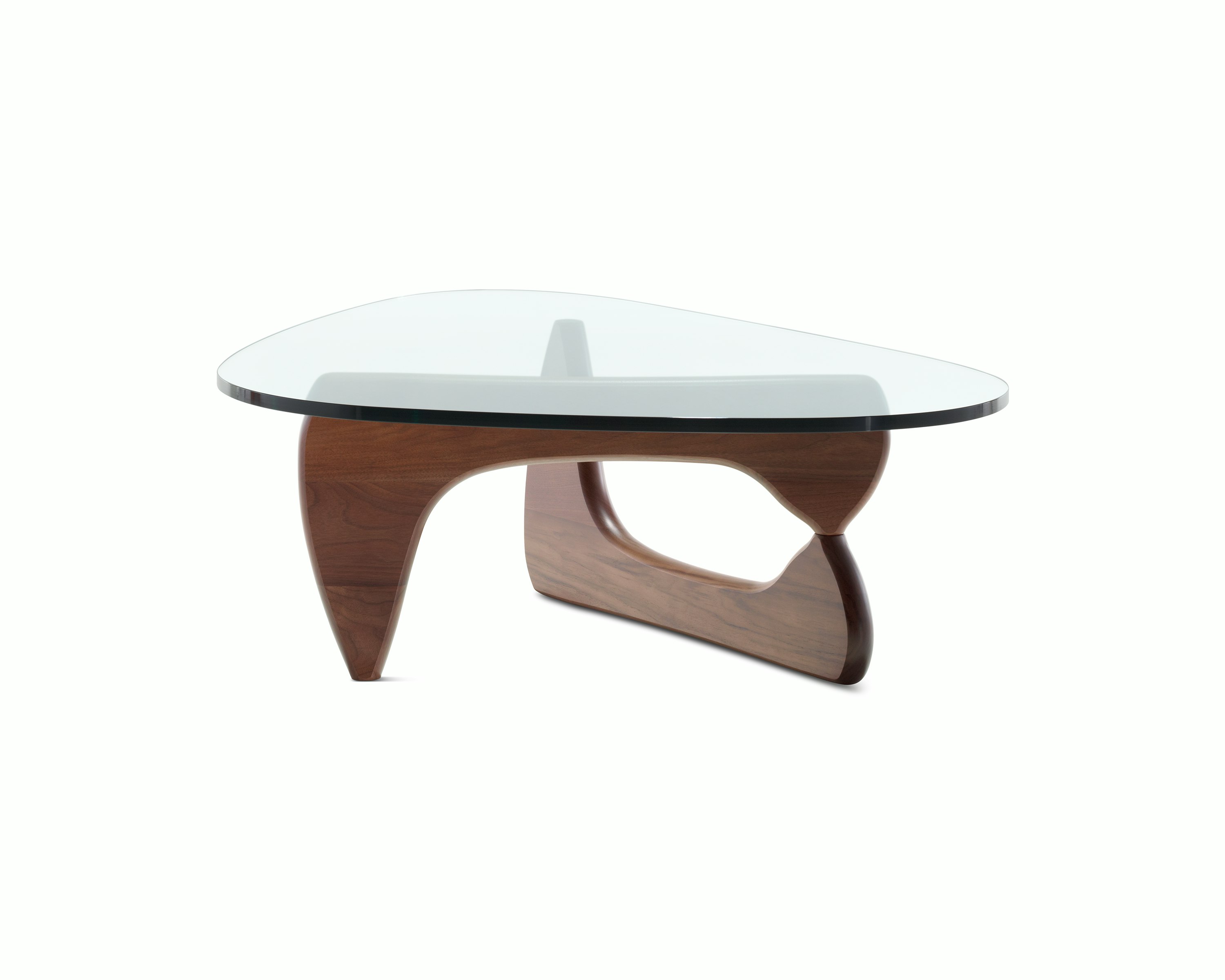 A Noguchi Table with a wood base and glass top.