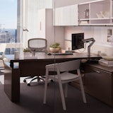 Private Office with Reff Profiles and guest seating Knoll Reff Profiles private office height adjustable desk Sapper XYZ monitor arm Sparrow light Saarinen dining table Saarinen meeting table Muuto Cover Chair KnollStudio Saarinen Executive Plastic Back with wood legs guest seating guest chair accessories