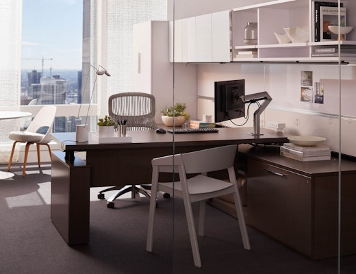 Private Office with Reff Profiles and guest seating Knoll Reff Profiles private office height adjustable desk Sapper XYZ monitor arm Sparrow light Saarinen dining table Saarinen meeting table Muuto Cover Chair KnollStudio Saarinen Executive Plastic Back with wood legs guest seating guest chair accessories
