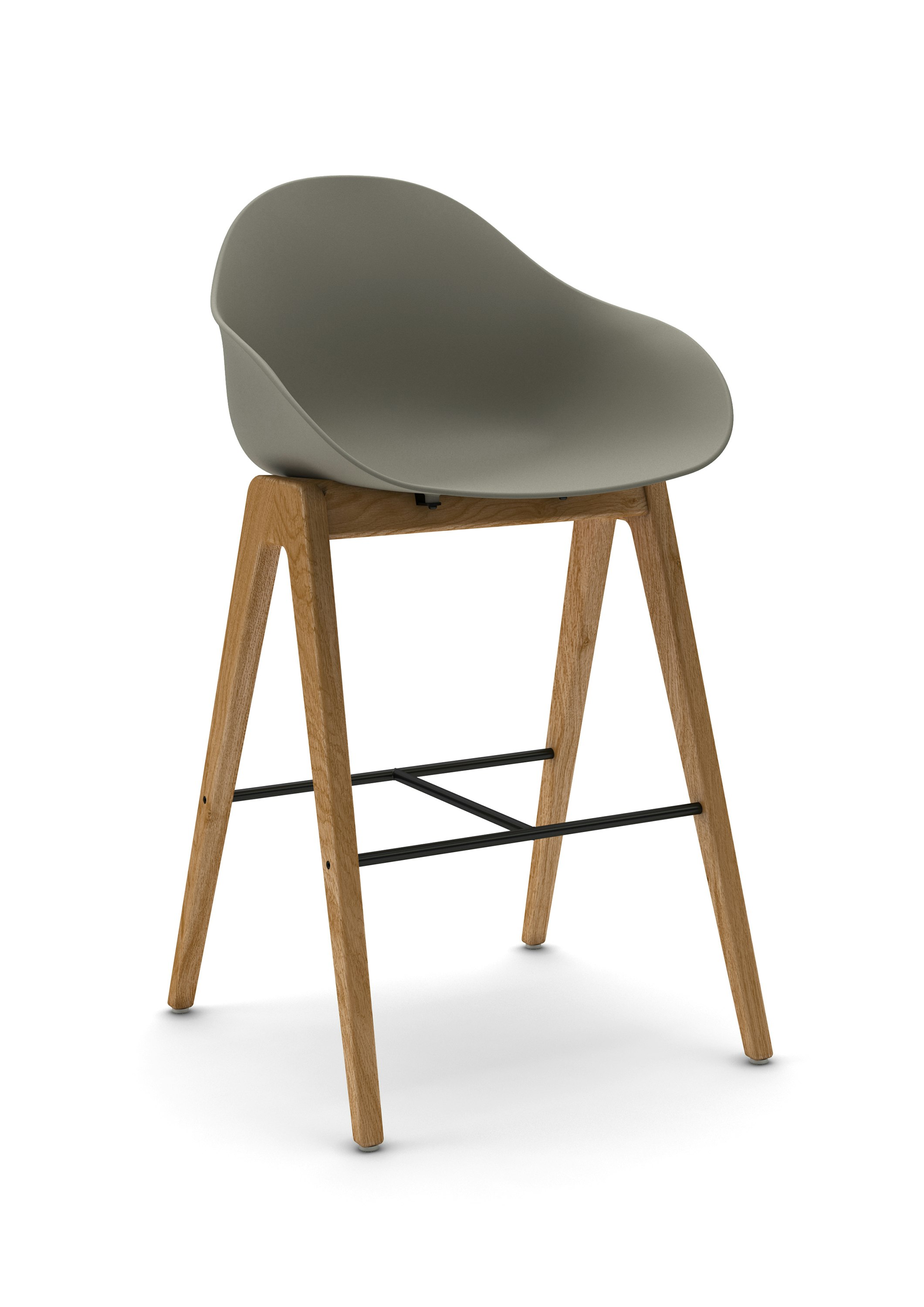 Three-quarter view of grey Ruby Wood Stool on oak barstool base.