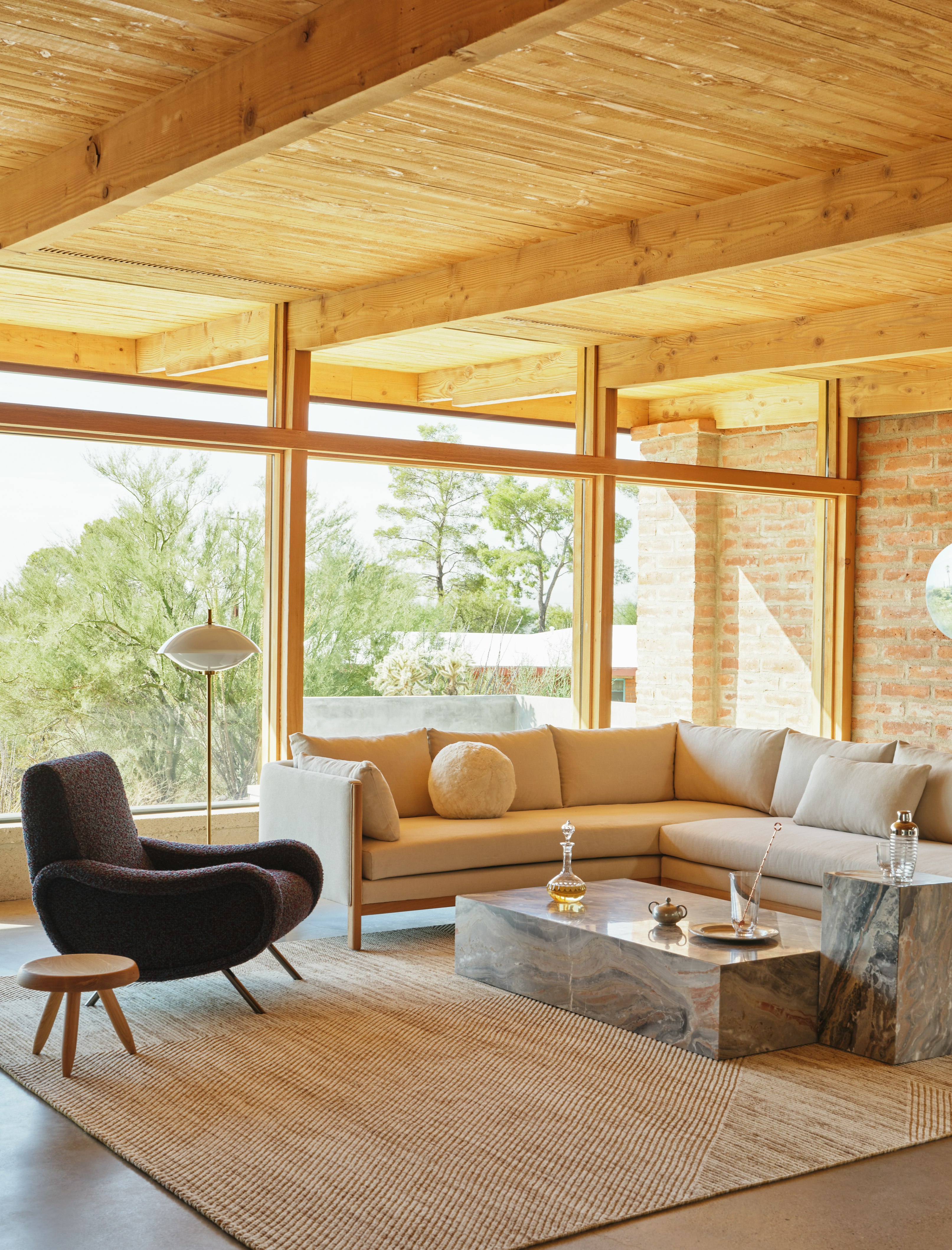 Emmy Sectional in Gentle Linen with Lady Lounge and Plinth coffee Table