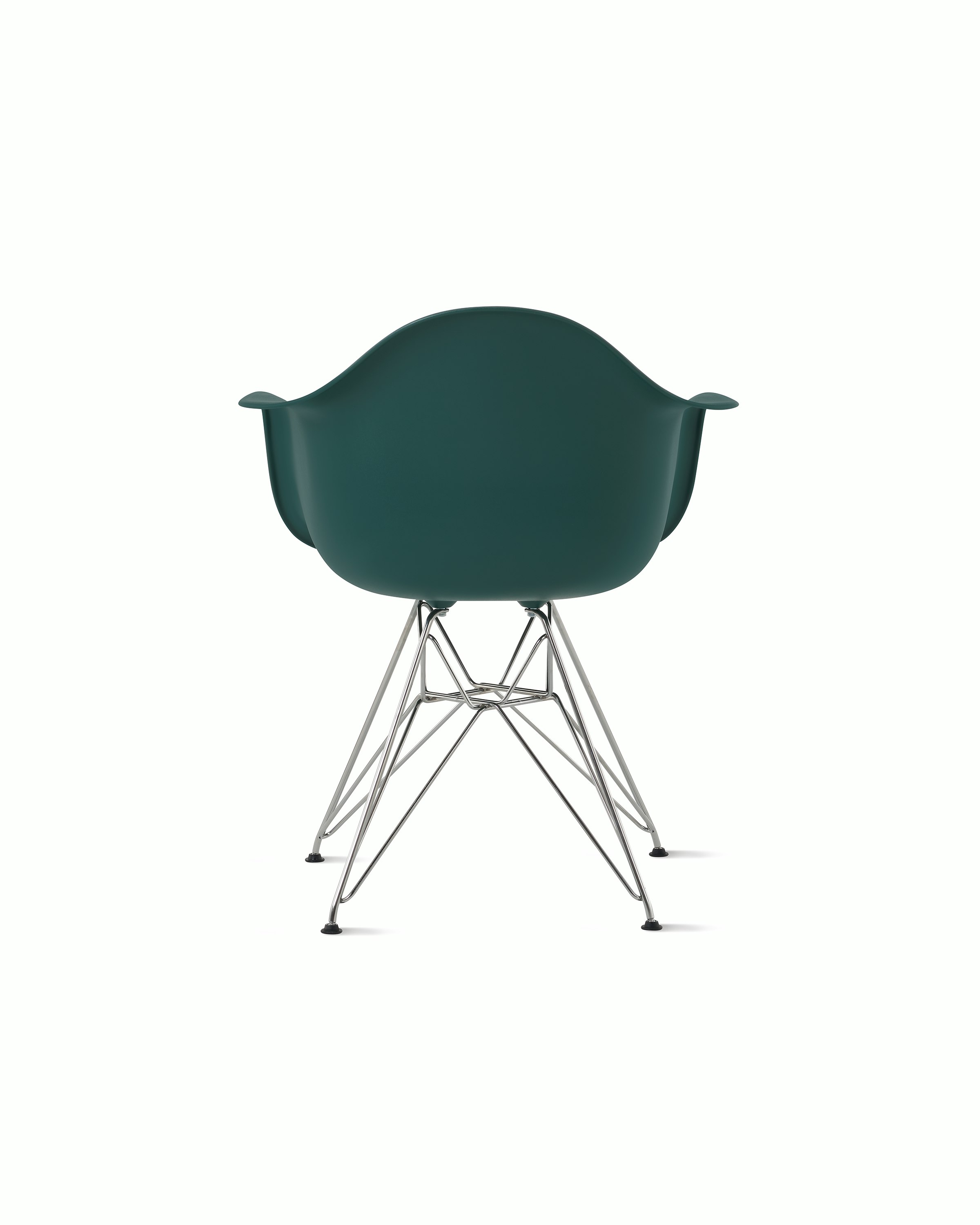 Back of evergreen plastic shell chair with wire base legs.