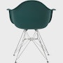 Back of evergreen plastic shell chair with wire base legs.