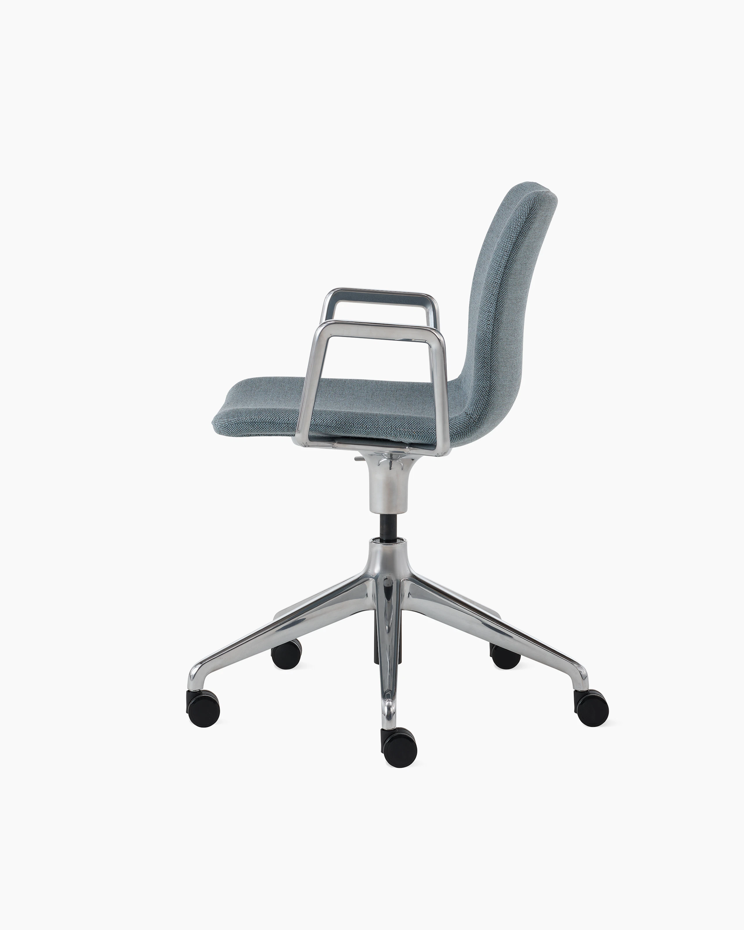 White sweep of Viv chair with light blue fabric and 5 star polished aluminium base with castors