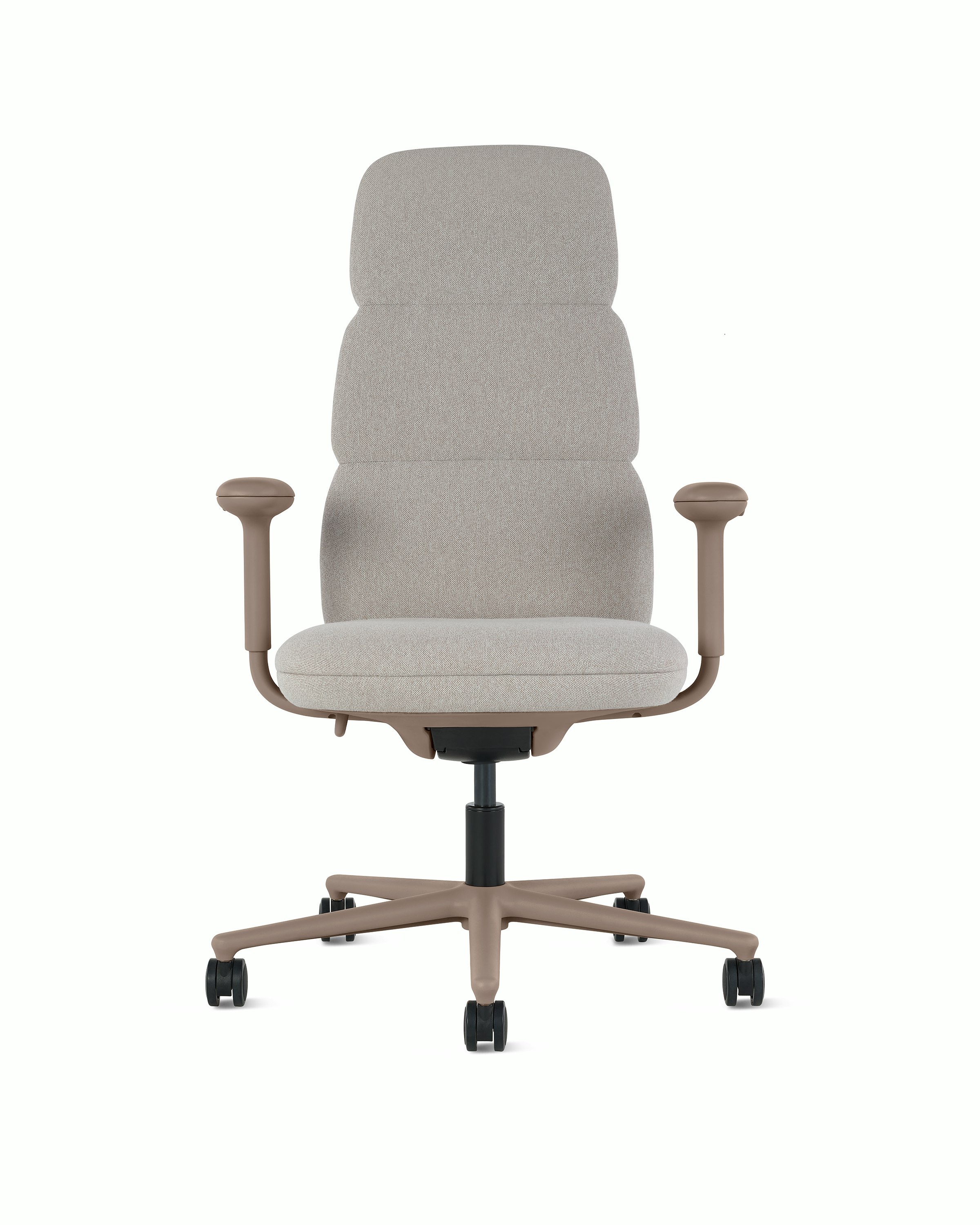 Front  view of a high-back Asari chair by Herman Miller in light brown with height adjustable arms.