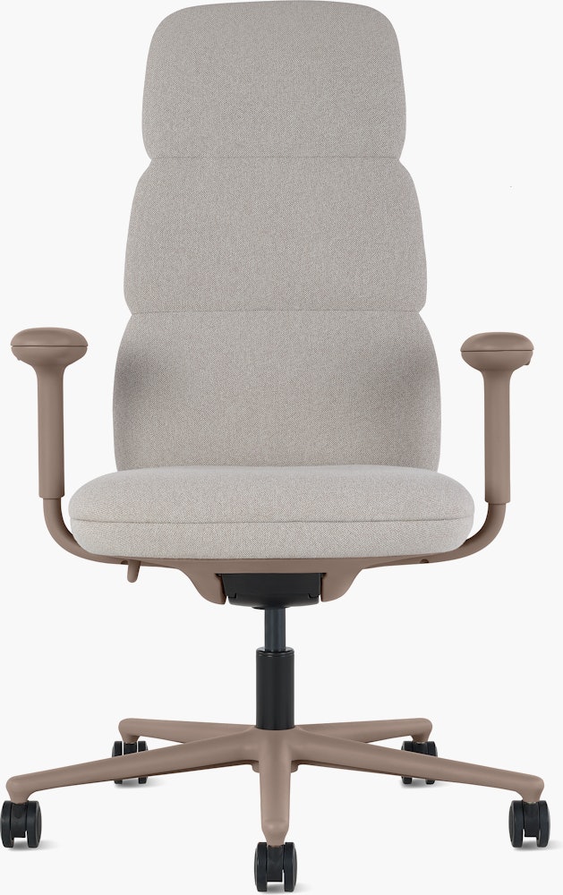 Front  view of a high-back Asari chair by Herman Miller in light brown with height adjustable arms.