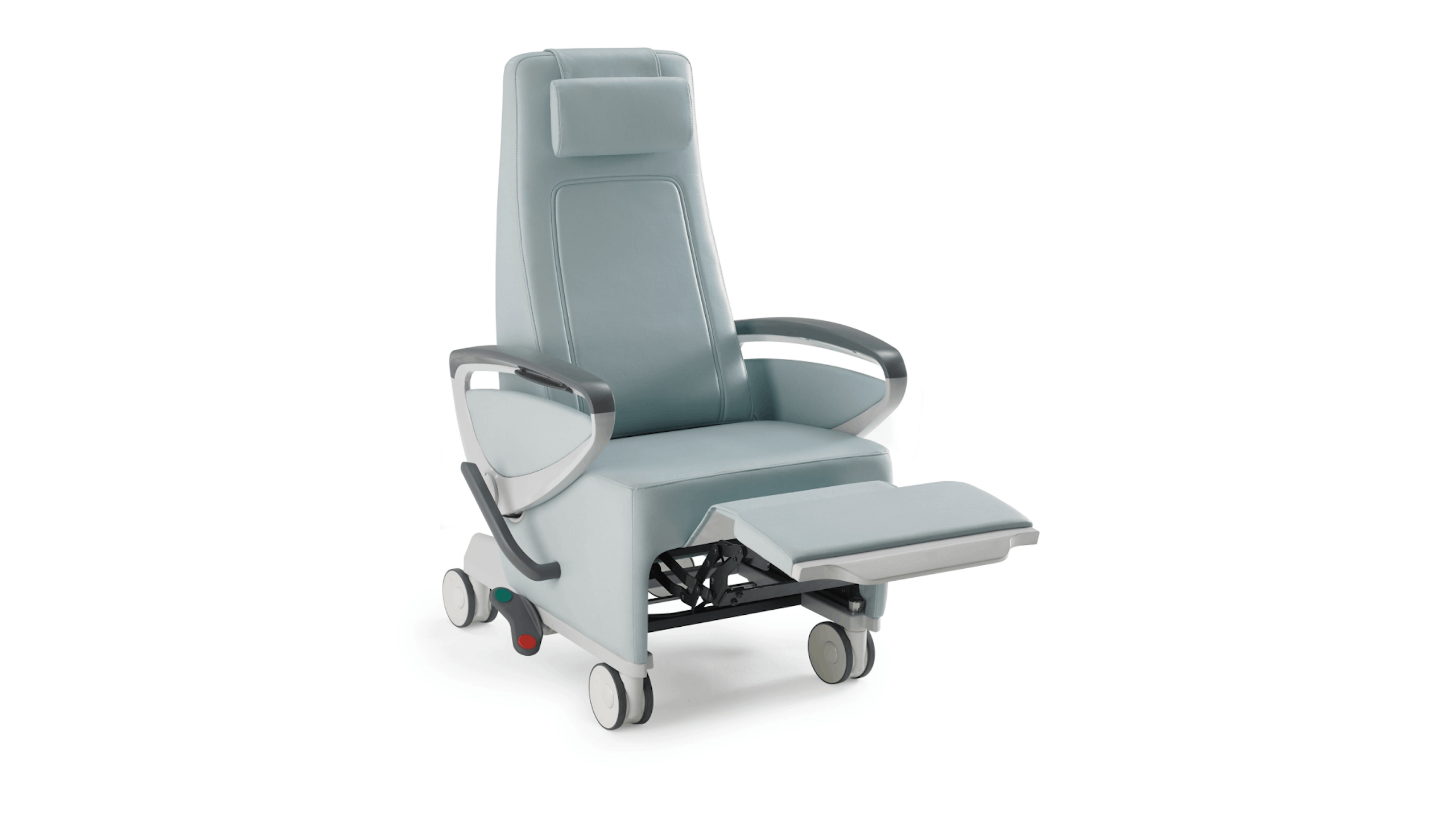 Nemschoff Ava Recliner with arcade back in a light blue upholstery with panel arms and the footrest extended, viewed from an angle.
