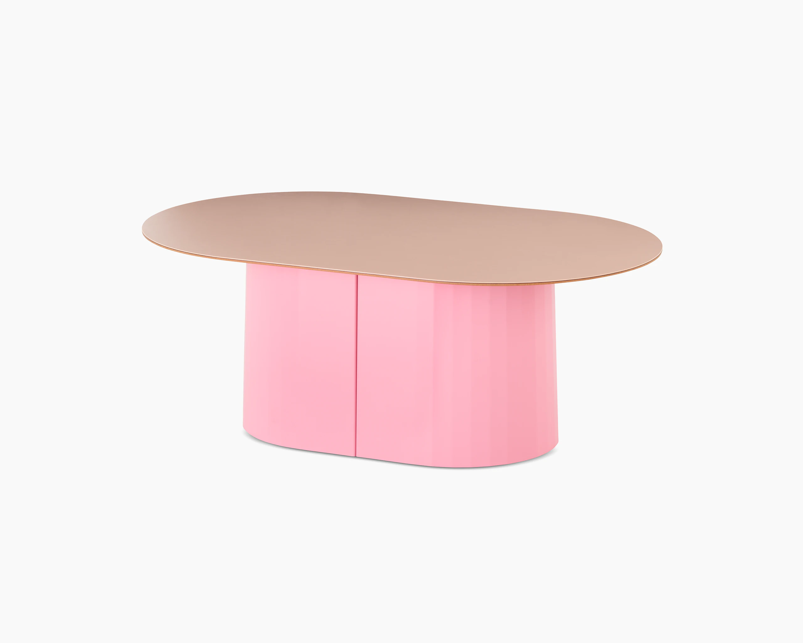 A front angled view of a Tun Coffee Table with pale-pink metal base and pale-pink Forbo table top.