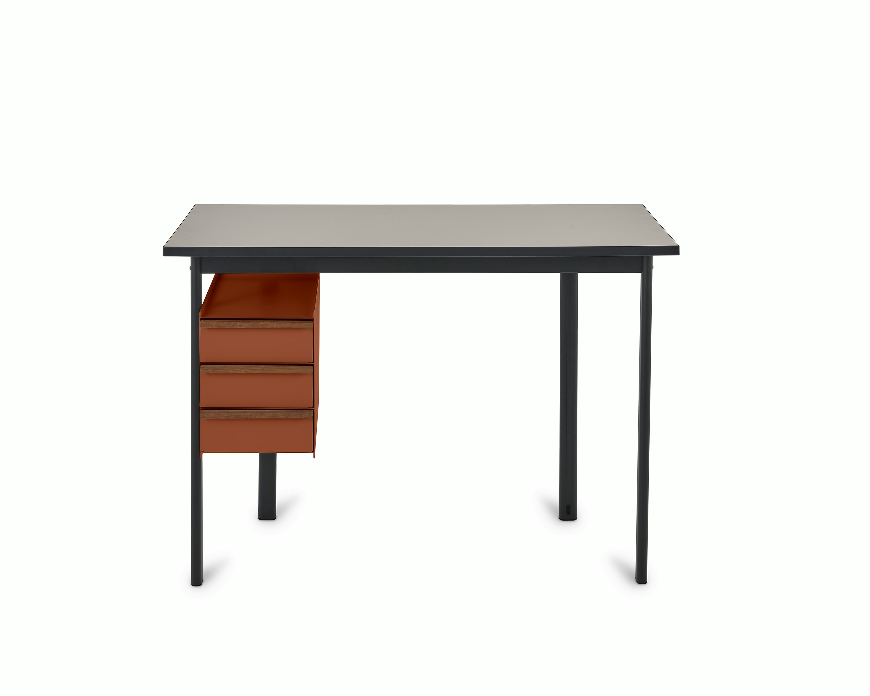 Mode desk in black with sandstone top and terracotta drawers.
