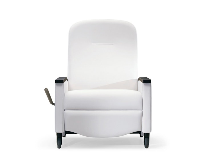 A front view of a Prísto Plus Recliner in a white upholstery with black urethane arm caps.