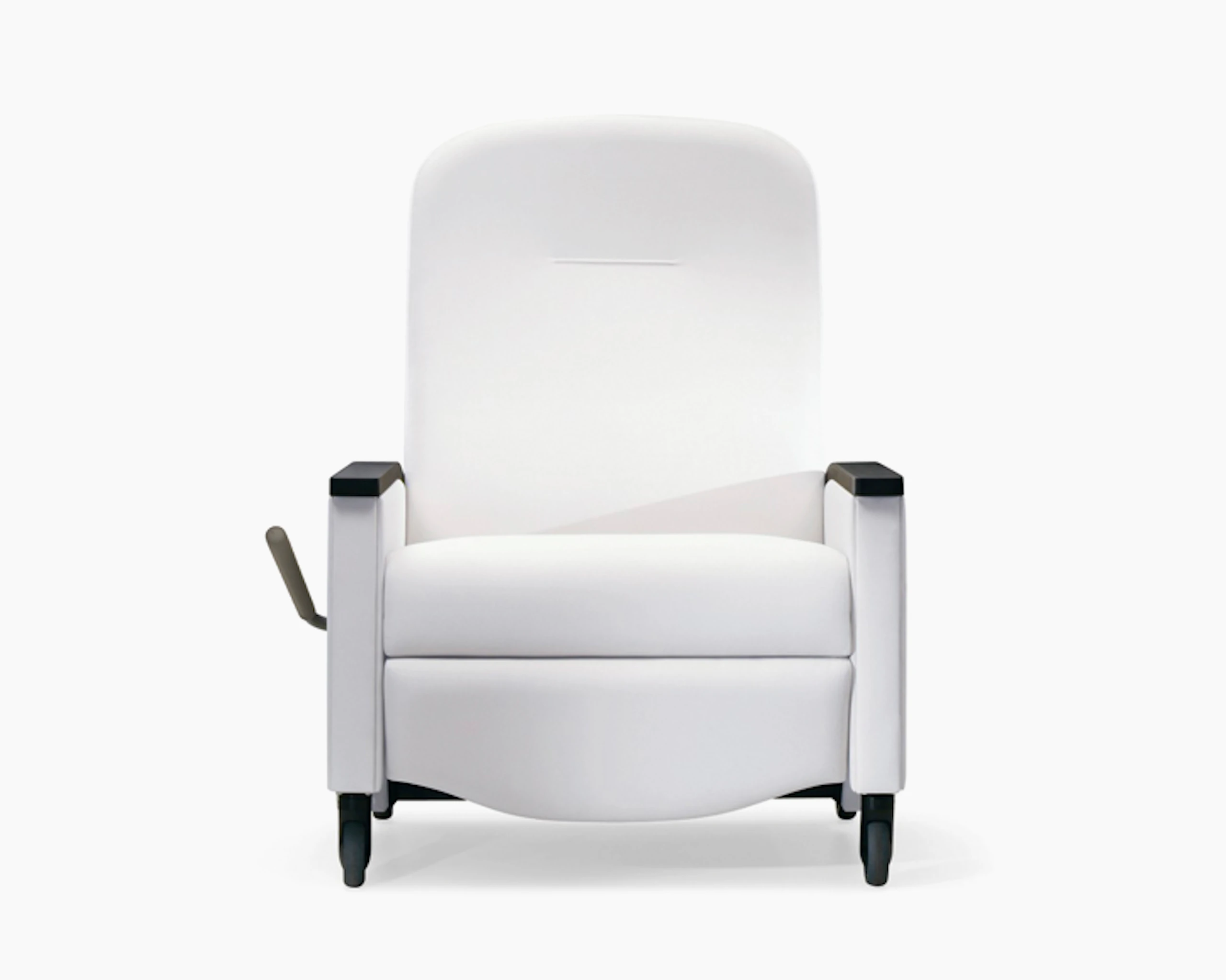 A front view of a Prísto Plus Recliner in a white upholstery with black urethane arm caps.