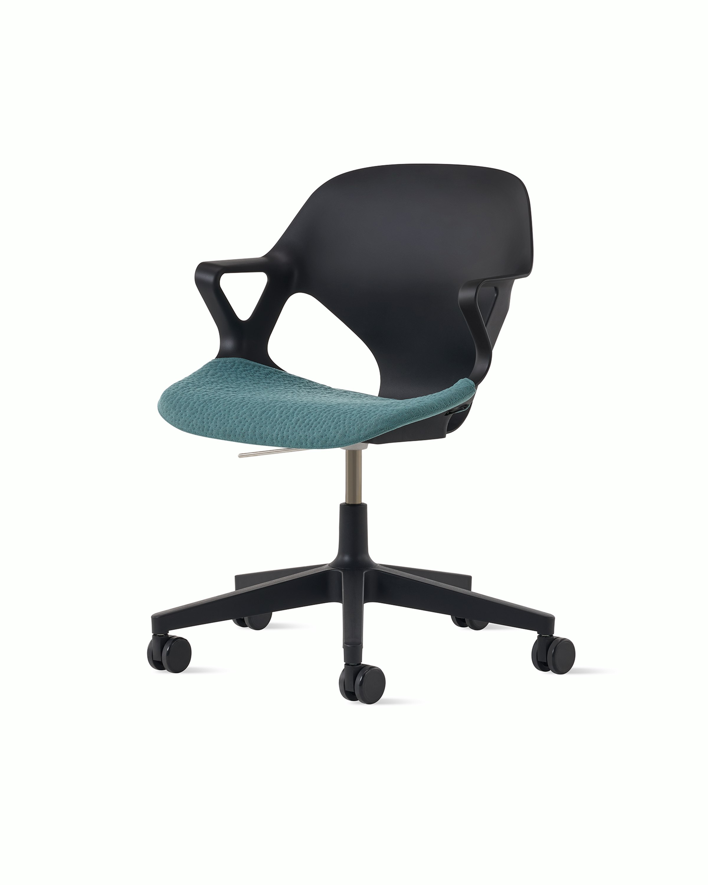 Front angle view of a black Zeph chair with fixed arms and a light blue seat pad.