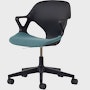 Front angle view of a black Zeph chair with fixed arms and a light blue seat pad.