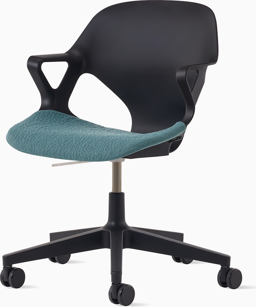 Front angle view of a black Zeph chair with fixed arms and a light blue seat pad.