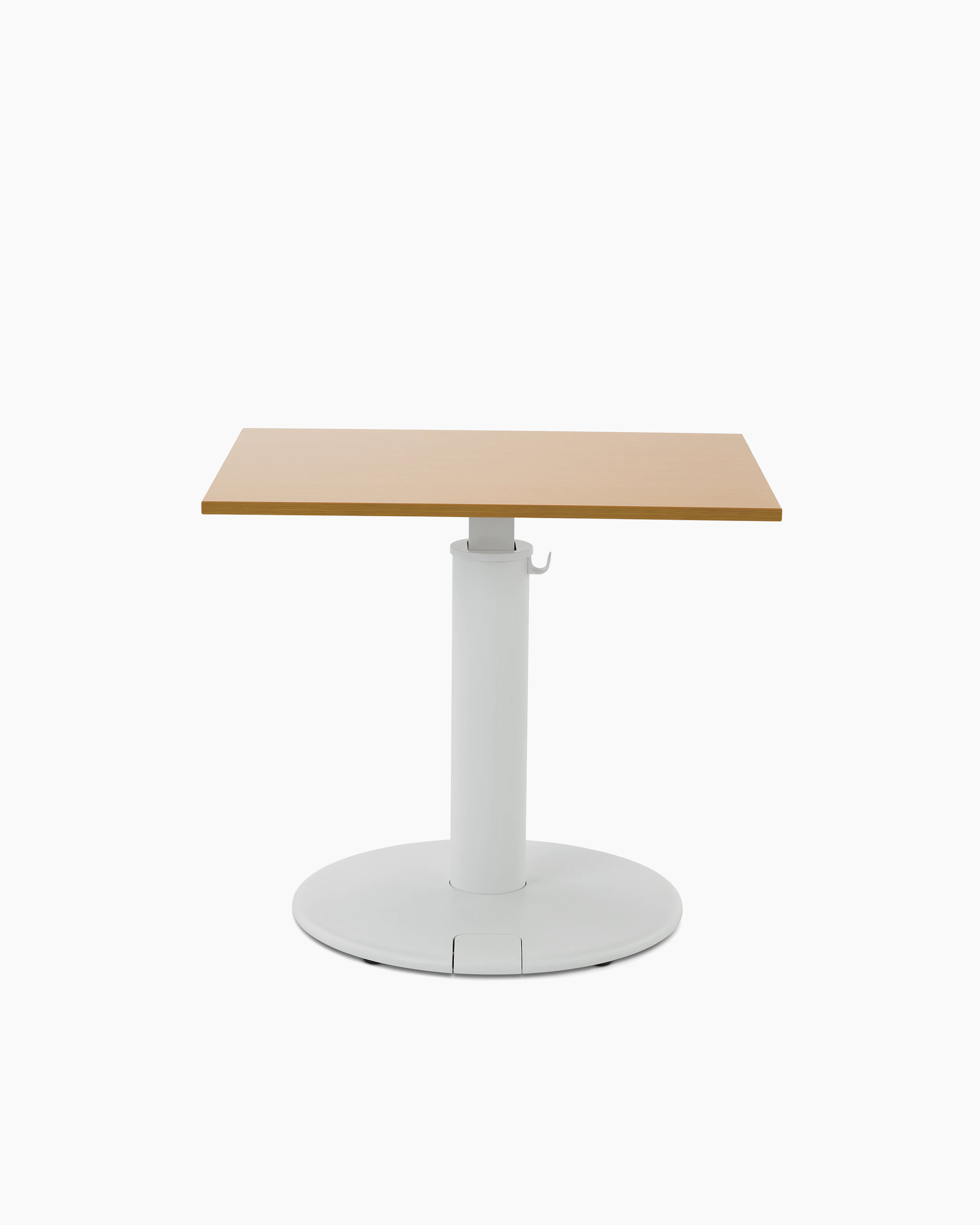 OE1 Sit-to-Stand Table with white base and brown rectangular surface, viewed from the front.