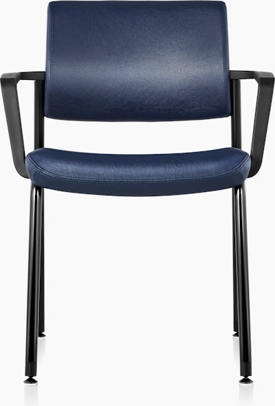 Front view of Verus Side Chair with arms, in blue vinyl upholstery.