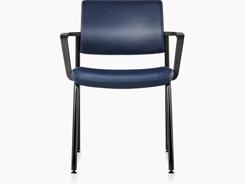 Front view of Verus Side Chair with arms, in blue vinyl upholstery.