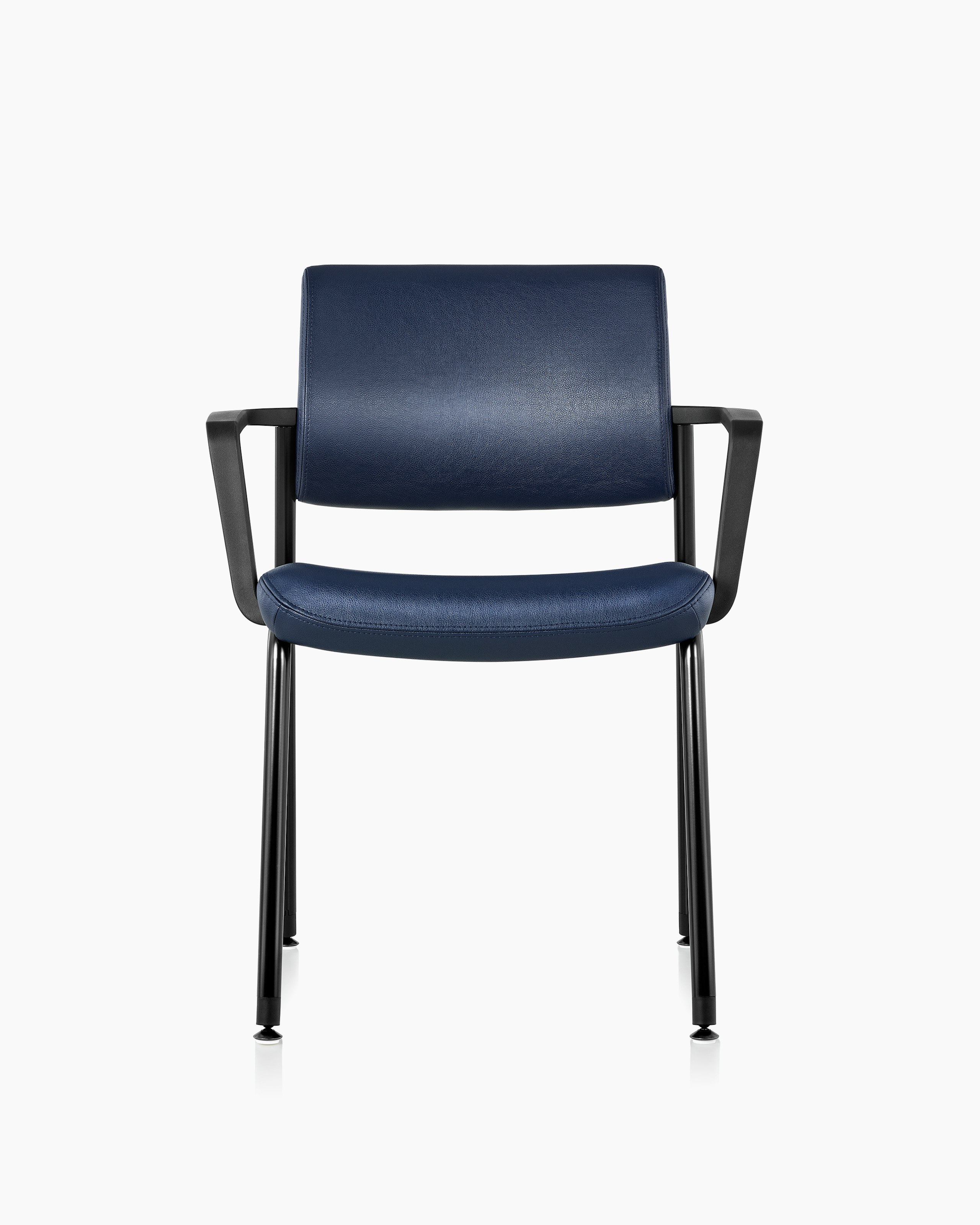 Front view of Verus Side Chair with arms, in blue vinyl upholstery.