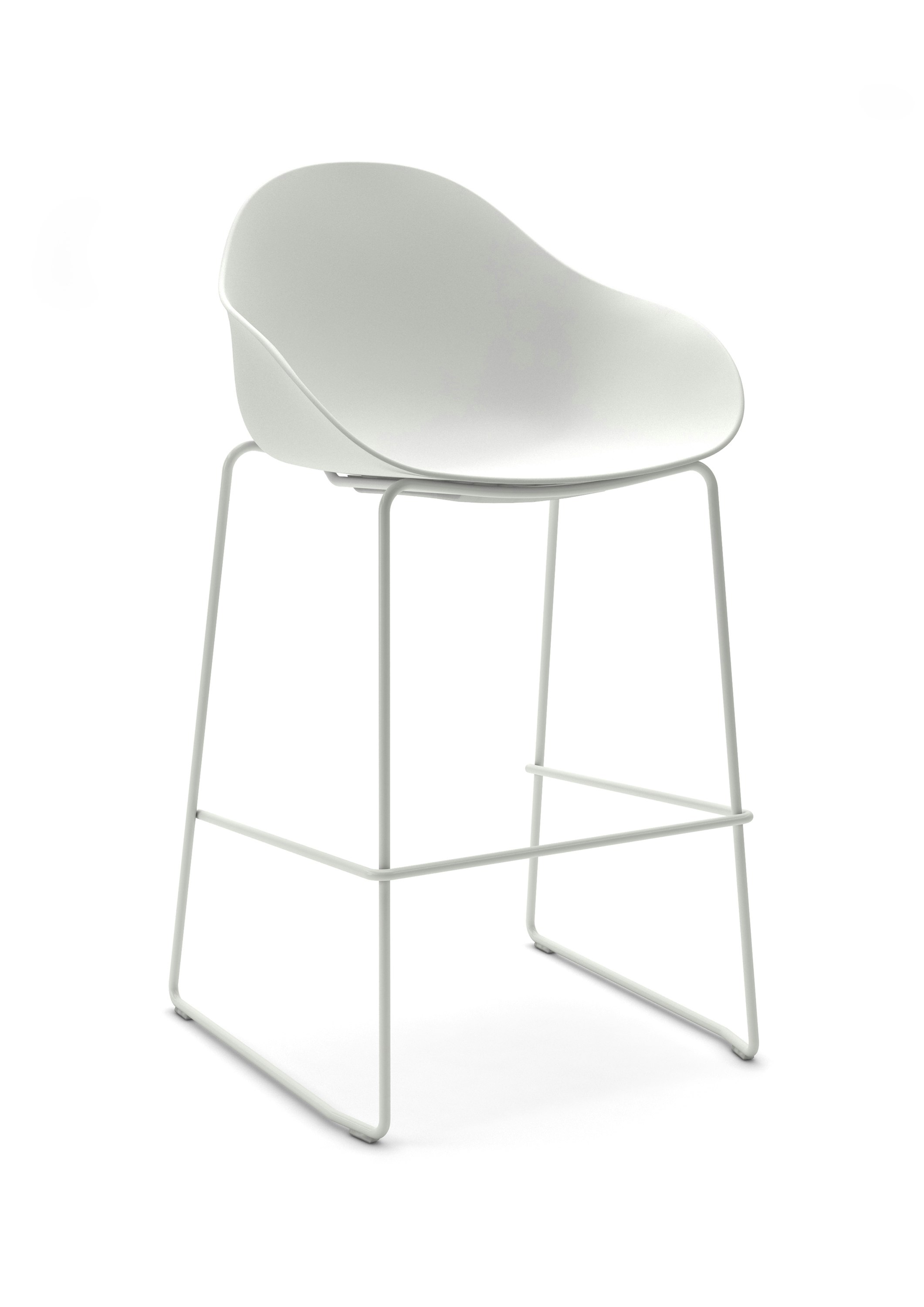 Three-quarter view of a white Ruby Stool with matching bar-height sled base.