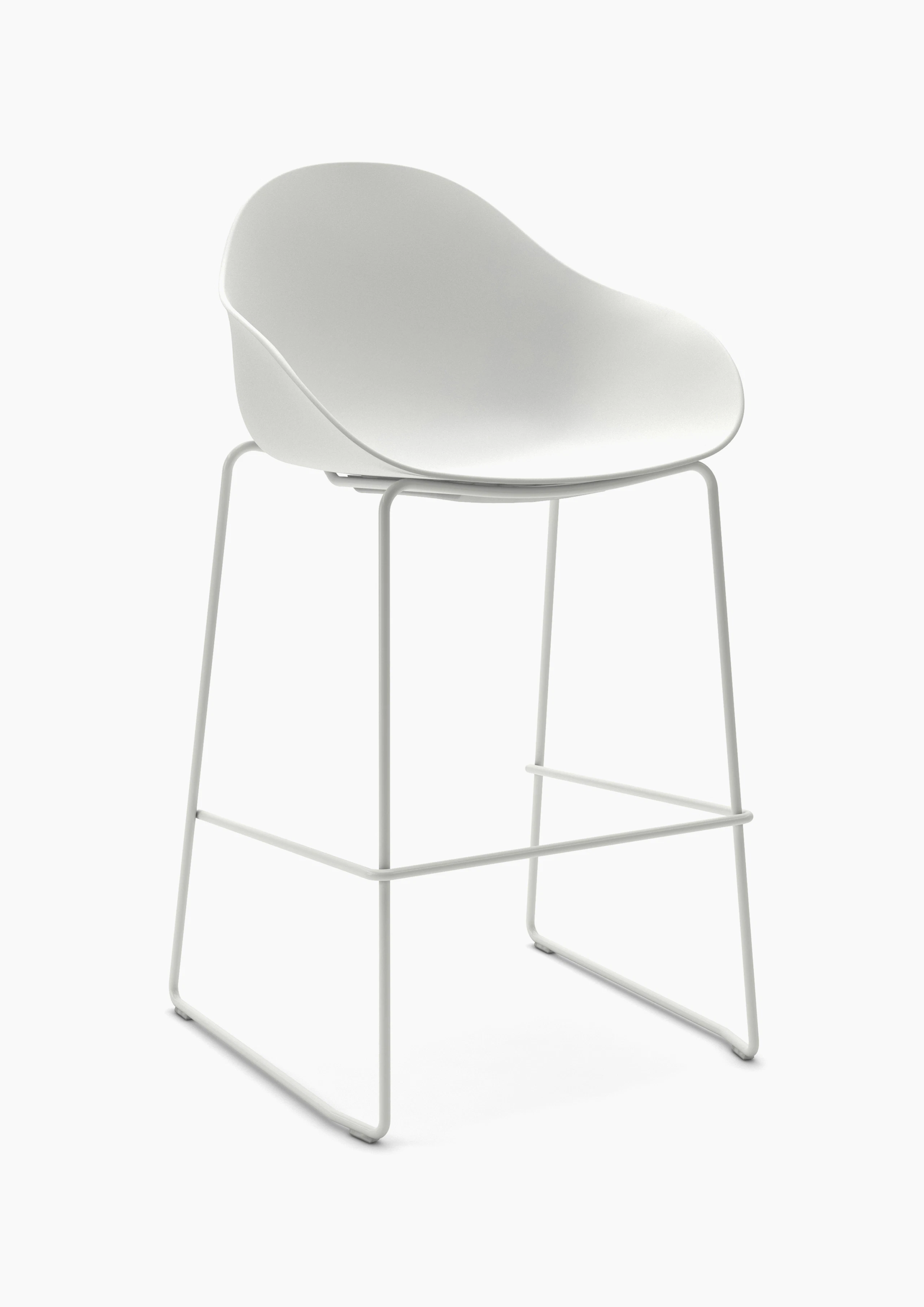 Three-quarter view of a white Ruby Stool with matching bar-height sled base.