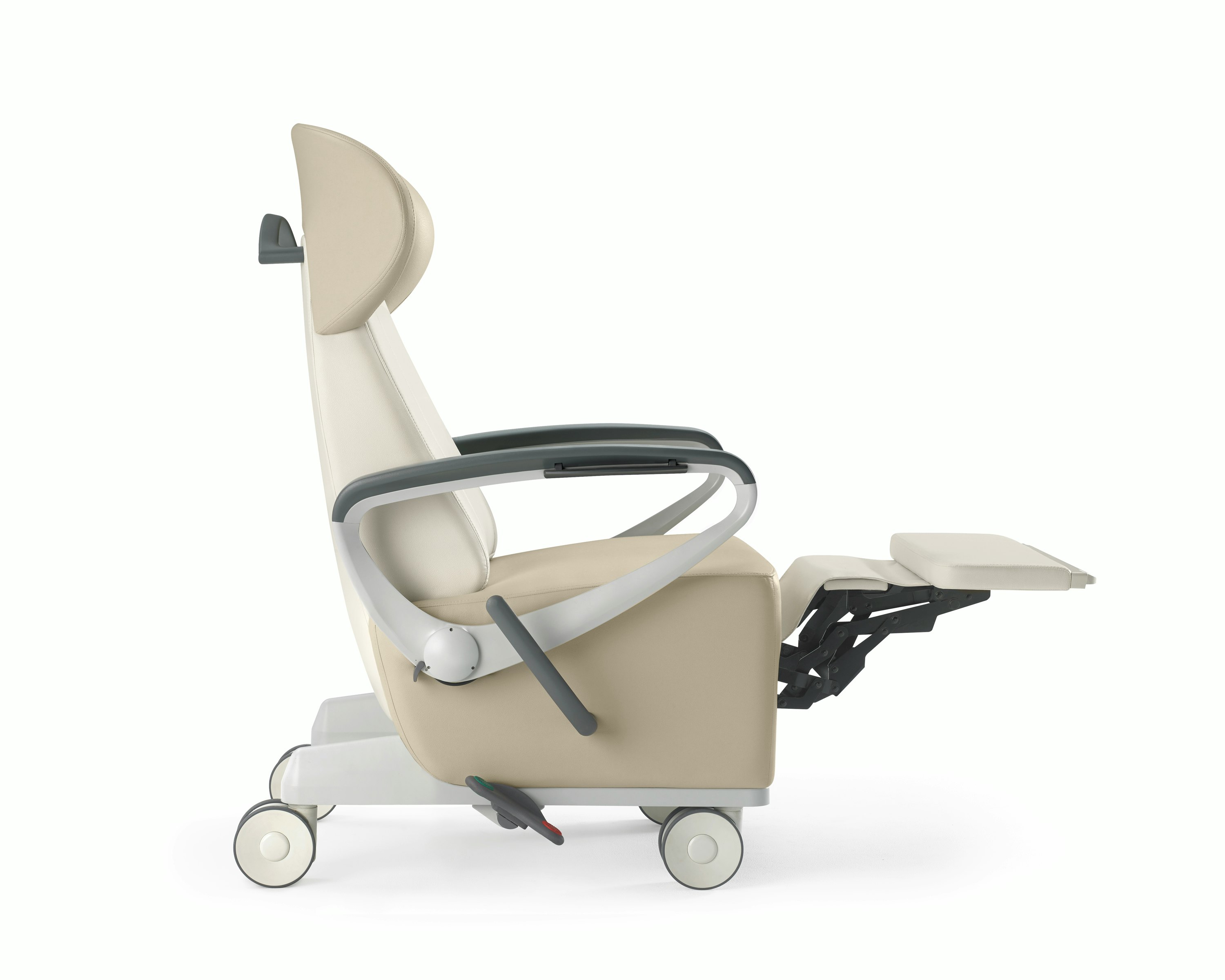 Nemschoff Ava Recliner with wingback in two beige upholsteries with the footrest extended.