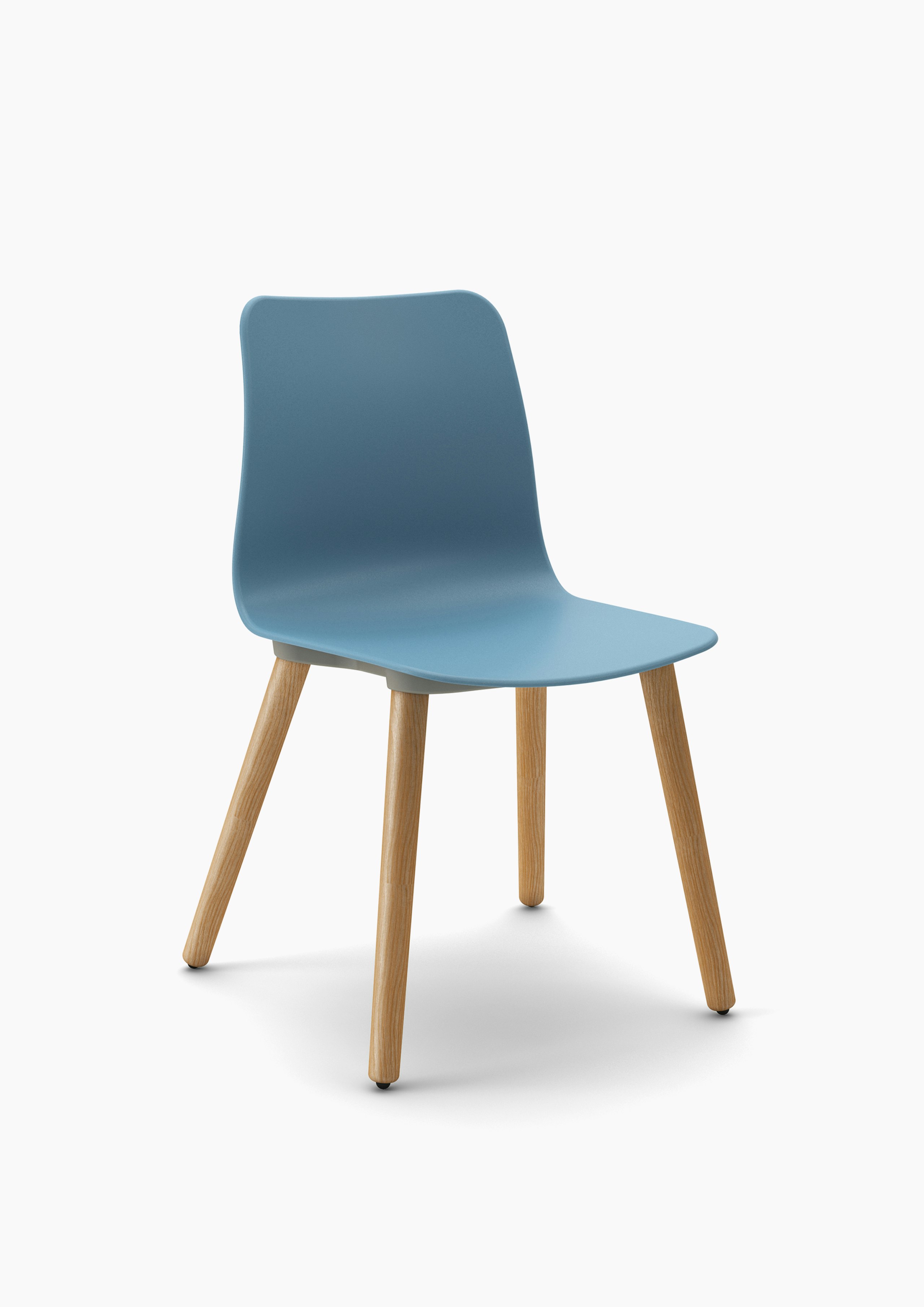 White sweep view of blue polypropylene seat shell on oak dowel 4 leg base.