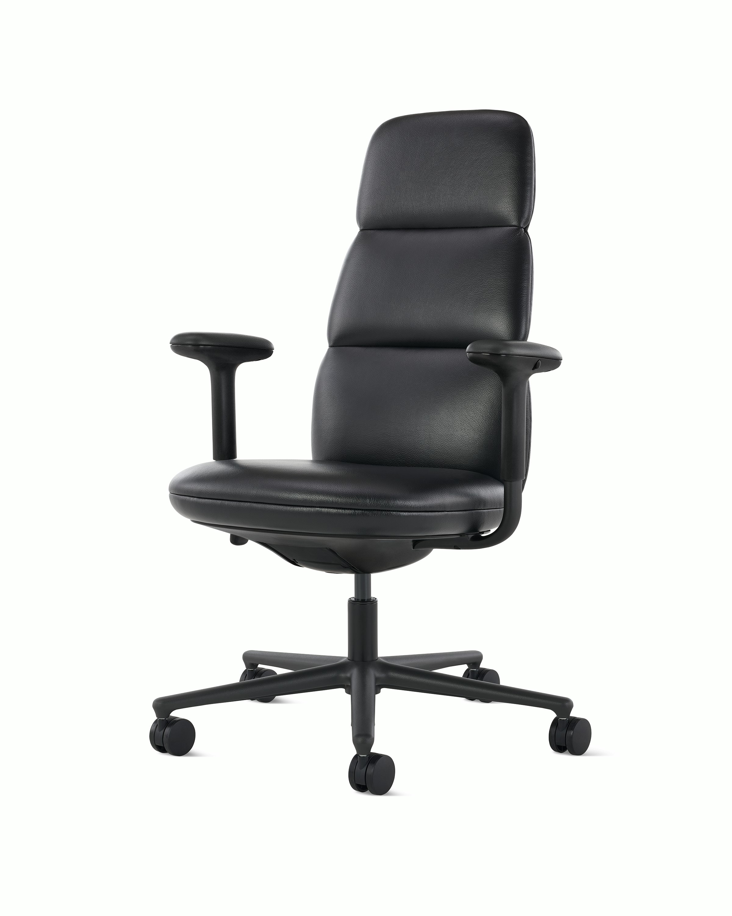 Front angle view of a high-back Asari chair by Herman Miller in black leather with height adjustable arms.