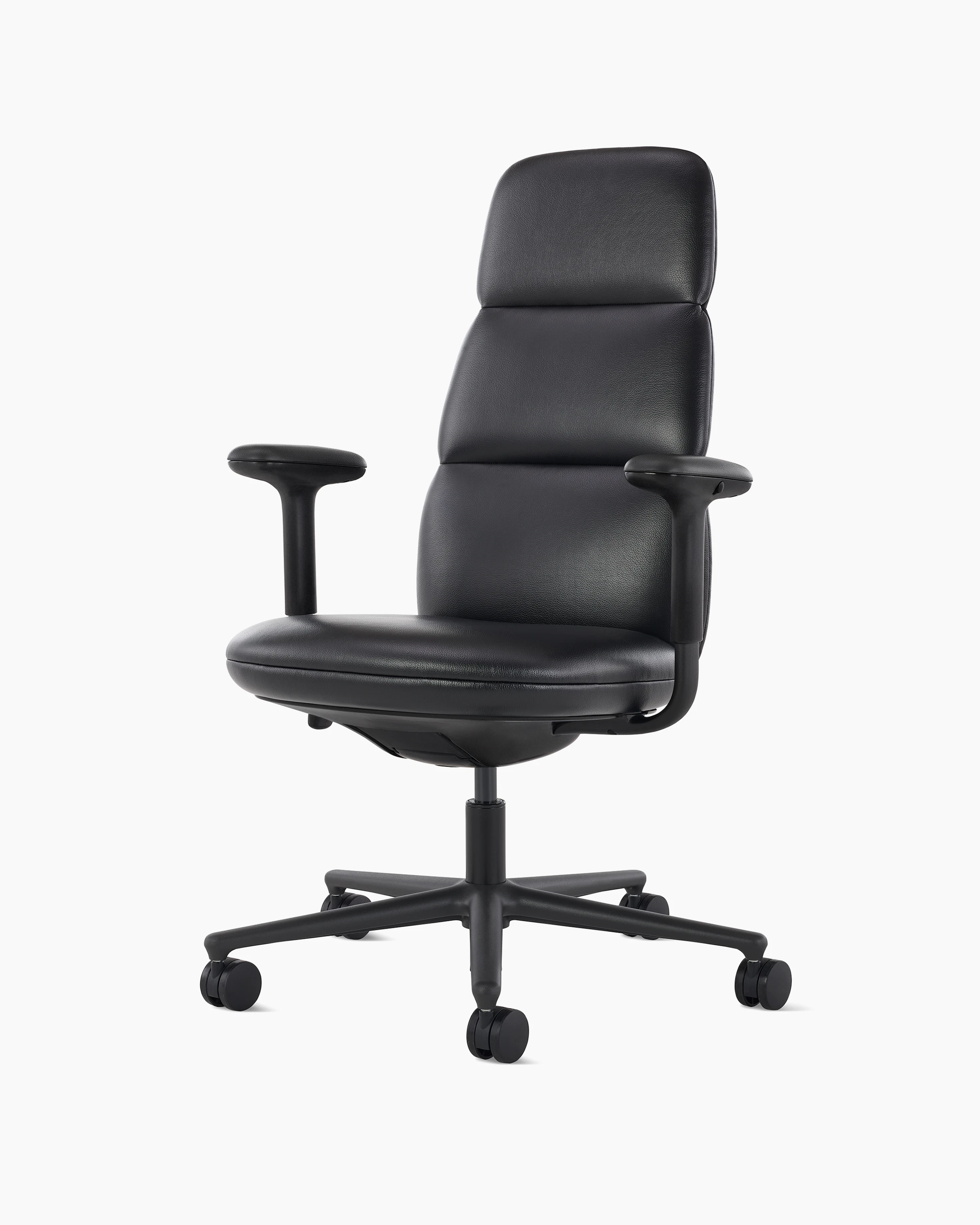 Front angle view of a high-back Asari chair by Herman Miller in black leather with height adjustable arms.