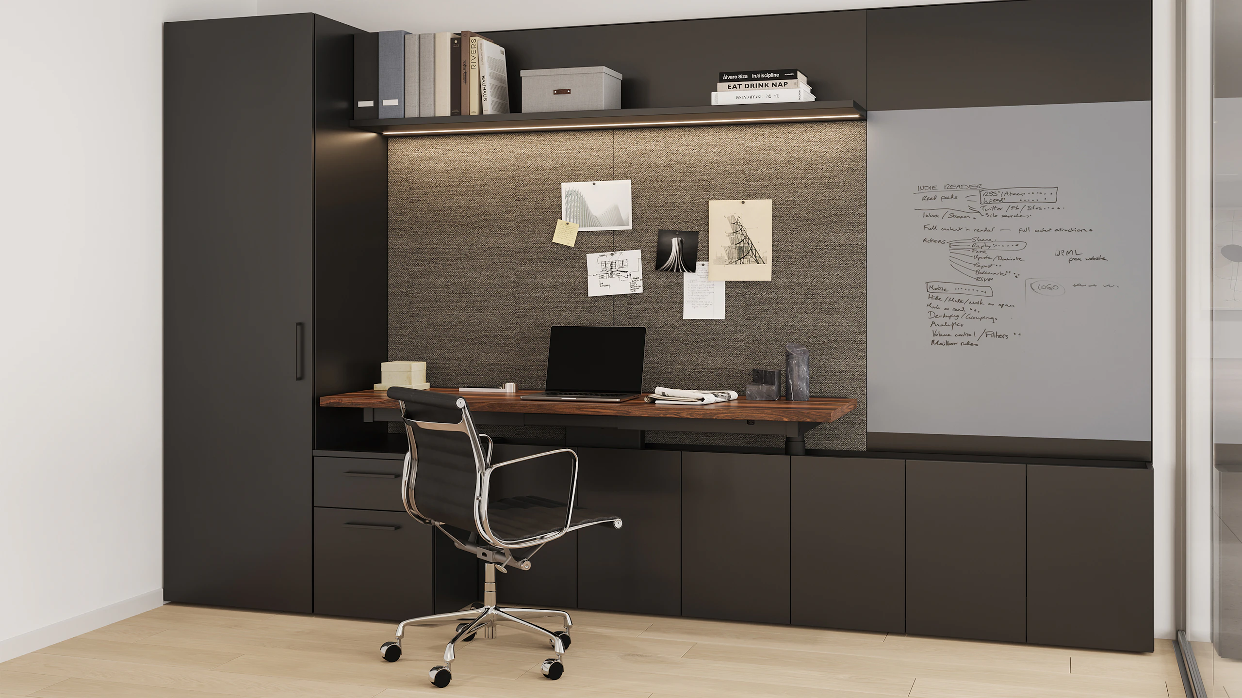 Geiger One Private Office, Rendering PO3, in Black TFL and Solid Walnut desk with Eames Aluminum Group.