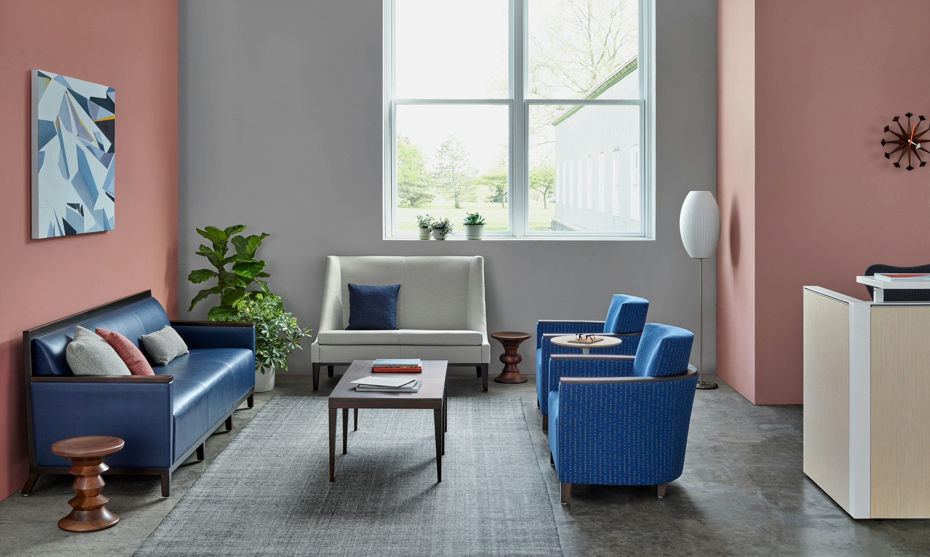 A waiting area featuring a Nemschoff Iris Settee, Nemschoff Lauderdale Sofa, and two Nemschoff Lauderdale Armchairs.
