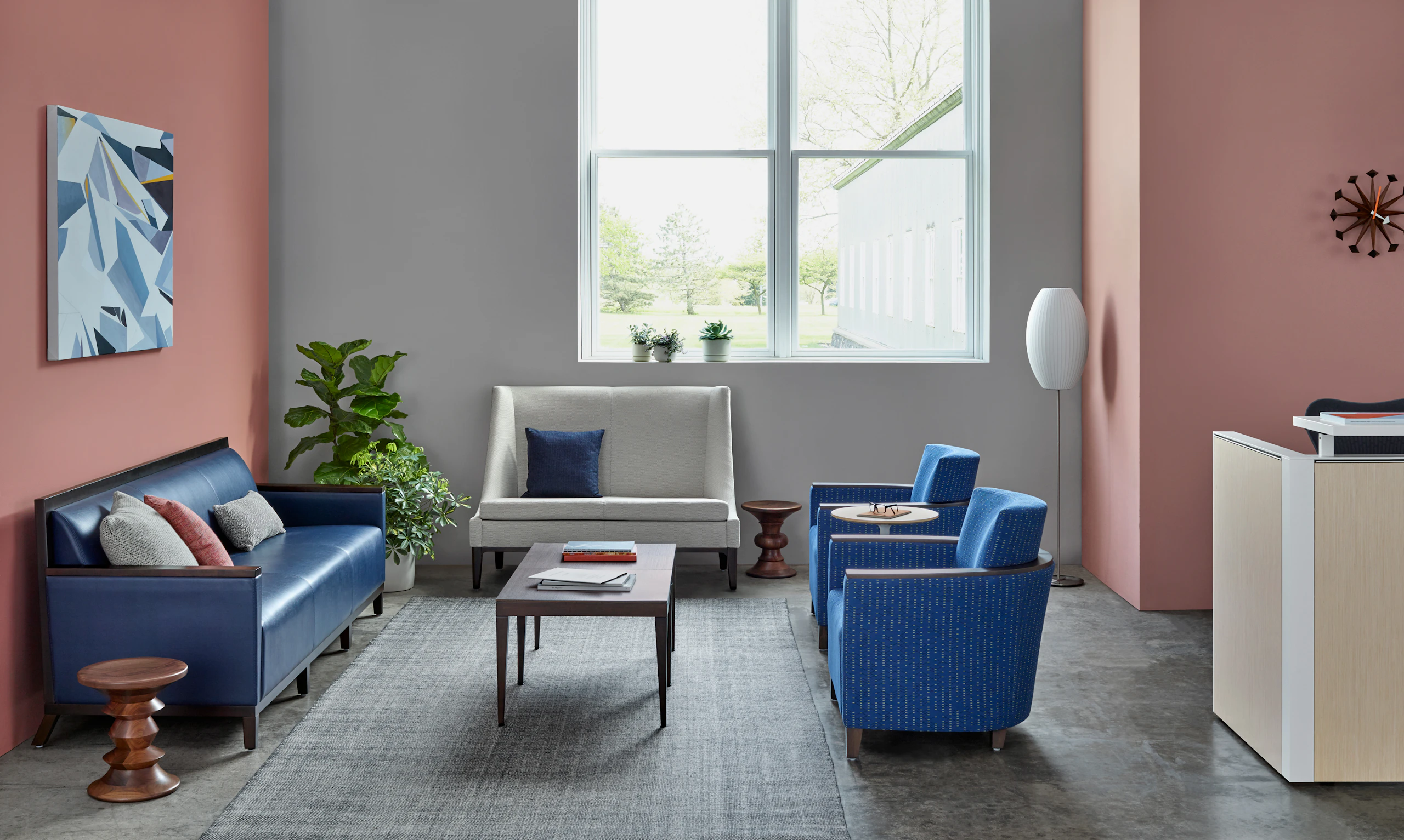 A waiting area featuring a Nemschoff Iris Settee, Nemschoff Lauderdale Sofa, and two Nemschoff Lauderdale Armchairs.