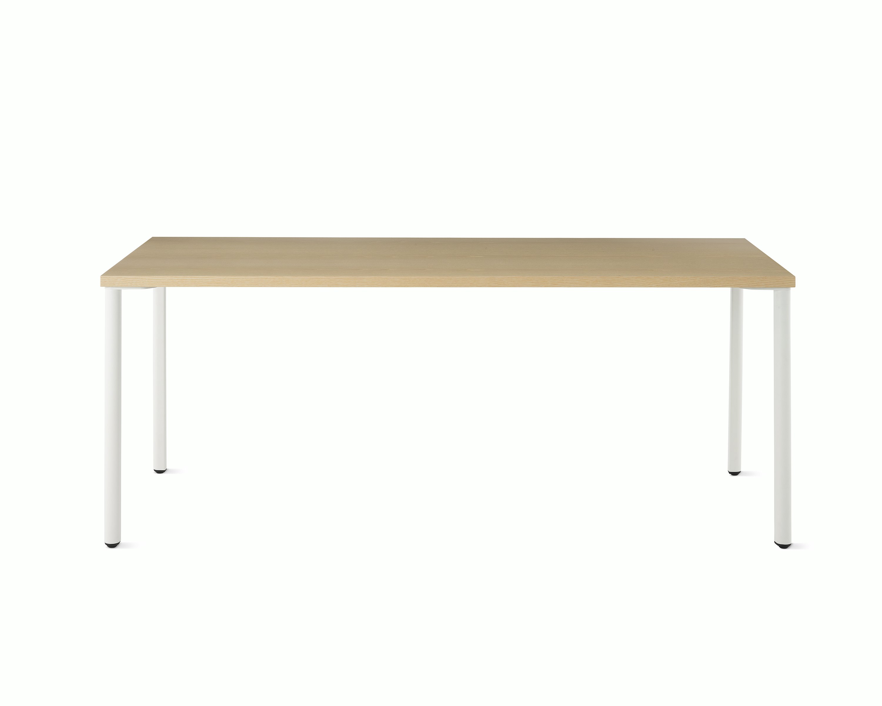 OE1 Rectangular Table with light brown surface and white legs viewed from the front. 